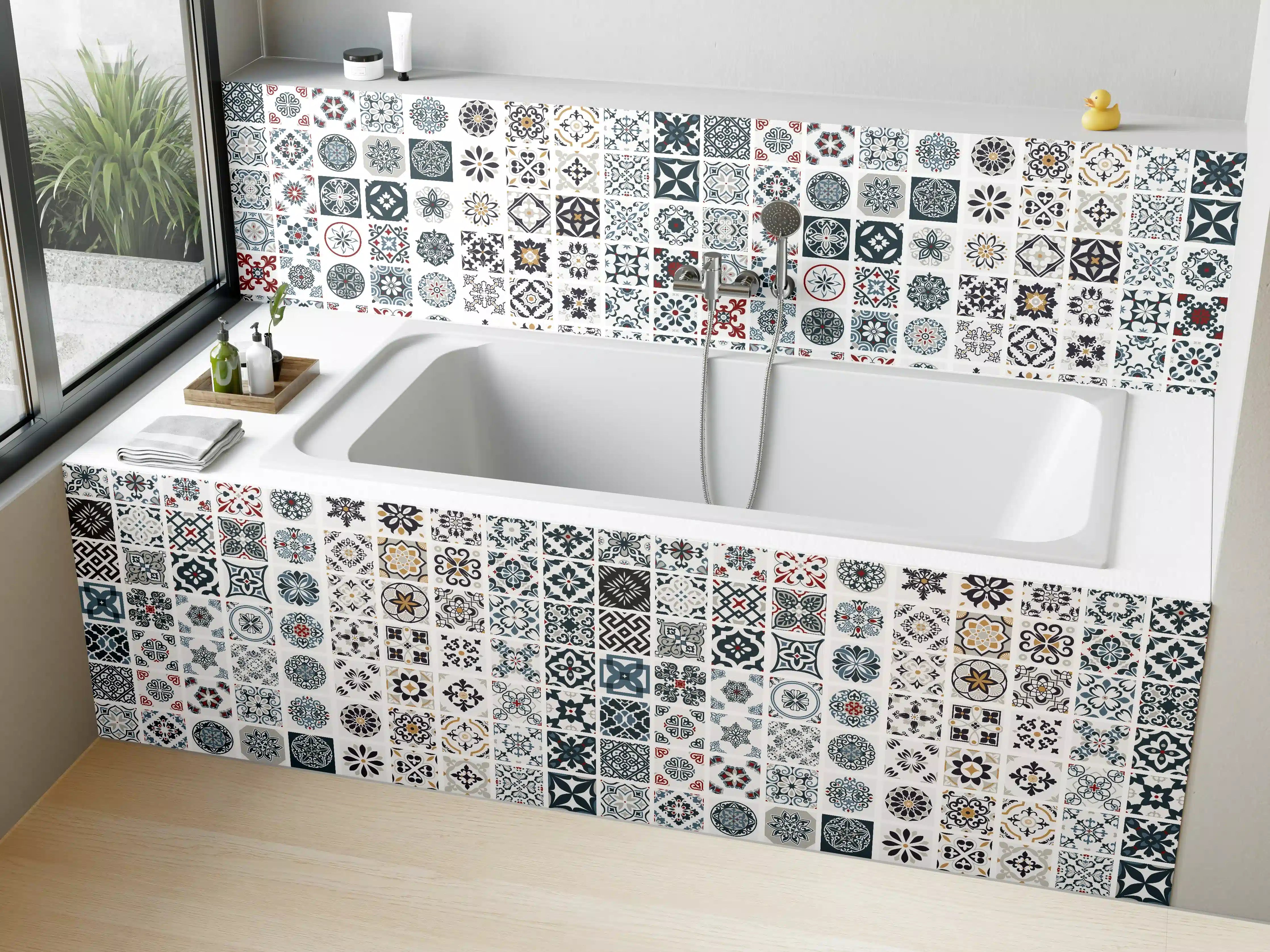 Badewannen-Rückwand - Vintage Fliesenmuster Grau-Weiß