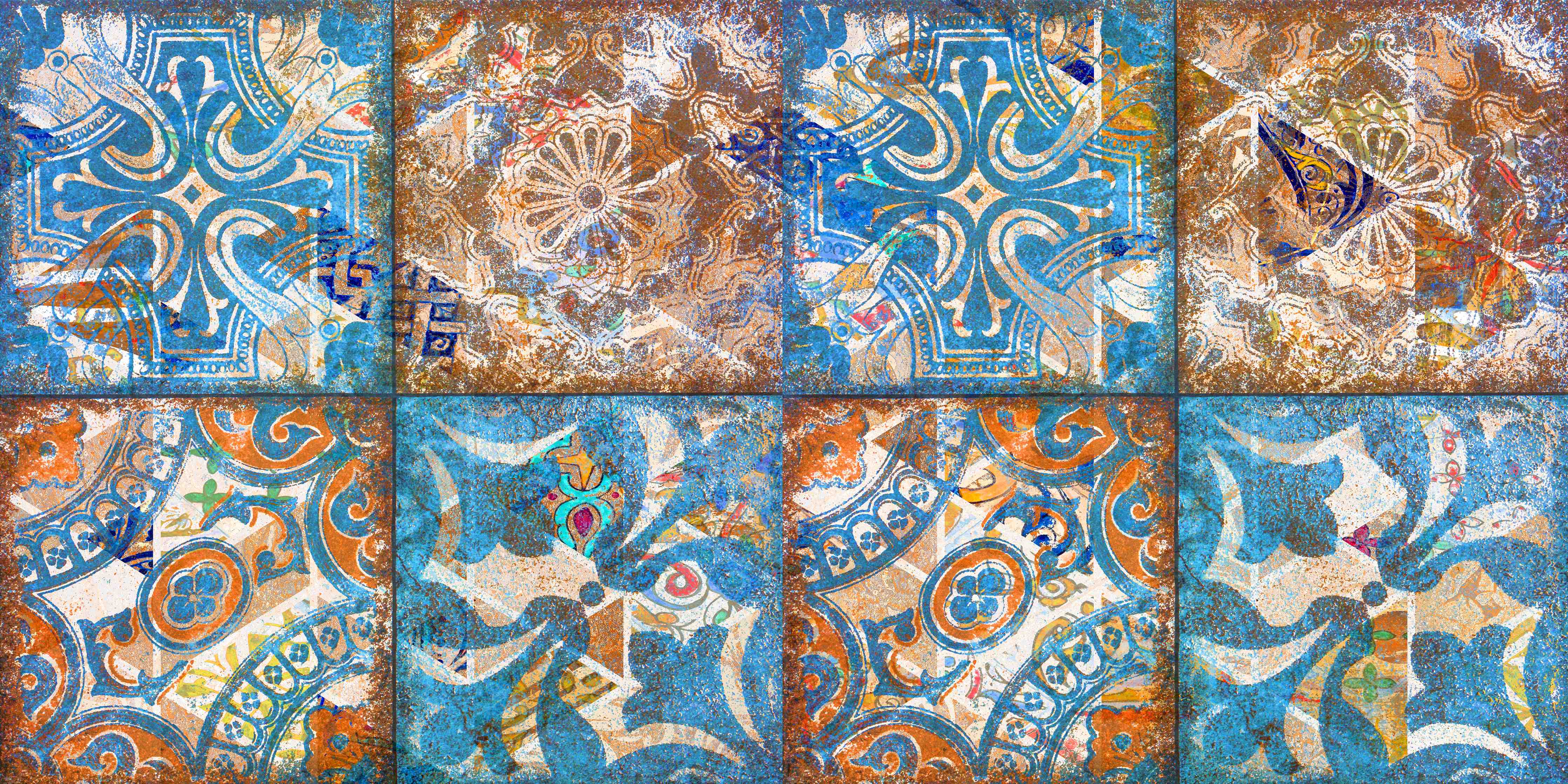 Badewannen-Rückwand-Vintage-Fliesenmuster in Blau und Sandtönen