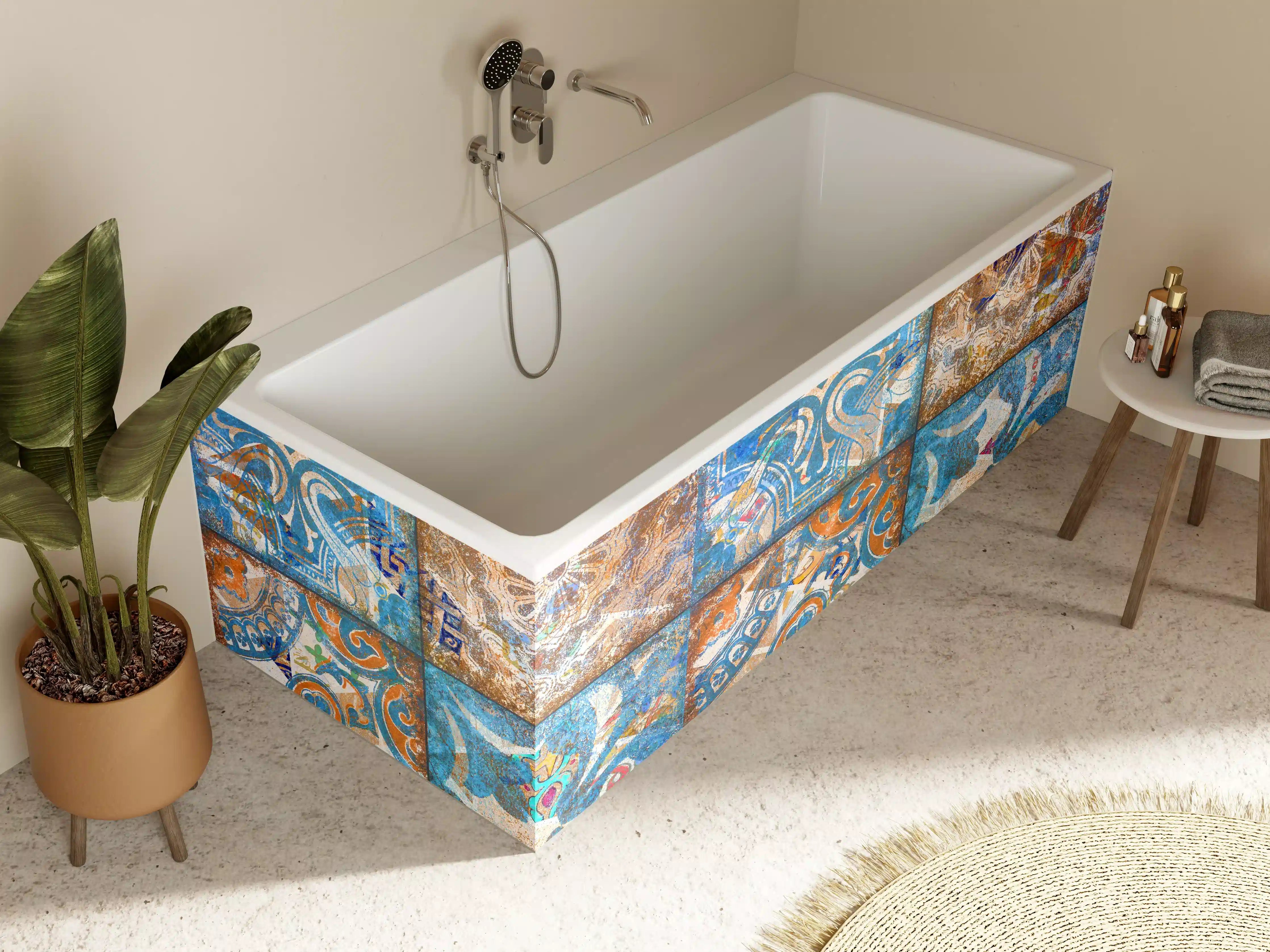 Badewannen-Rückwand - Vintage-Fliesenmuster in Blau und Sandtönen