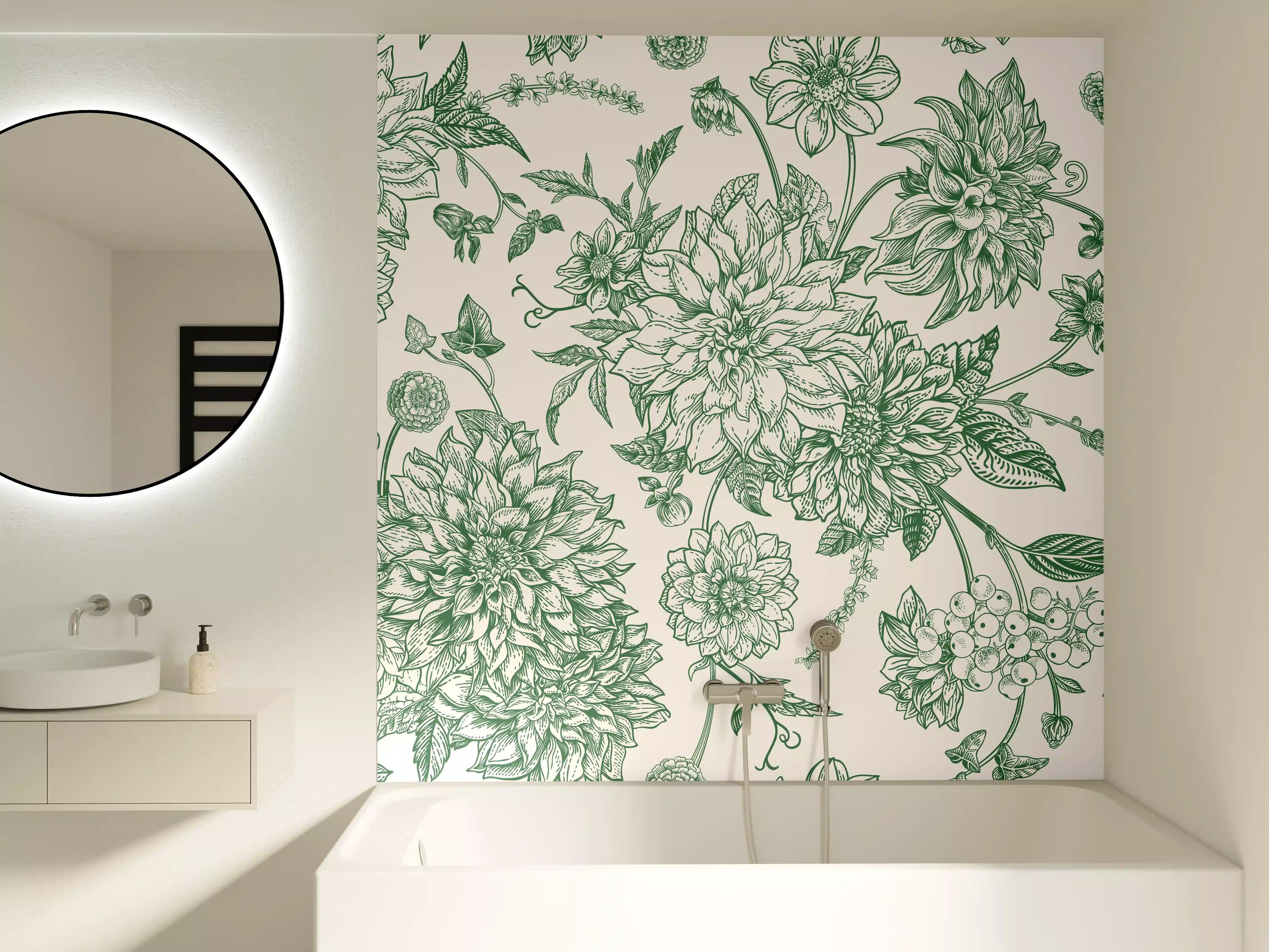 Badewannen-Rückwand - Vintage Grün Blumen Lineart