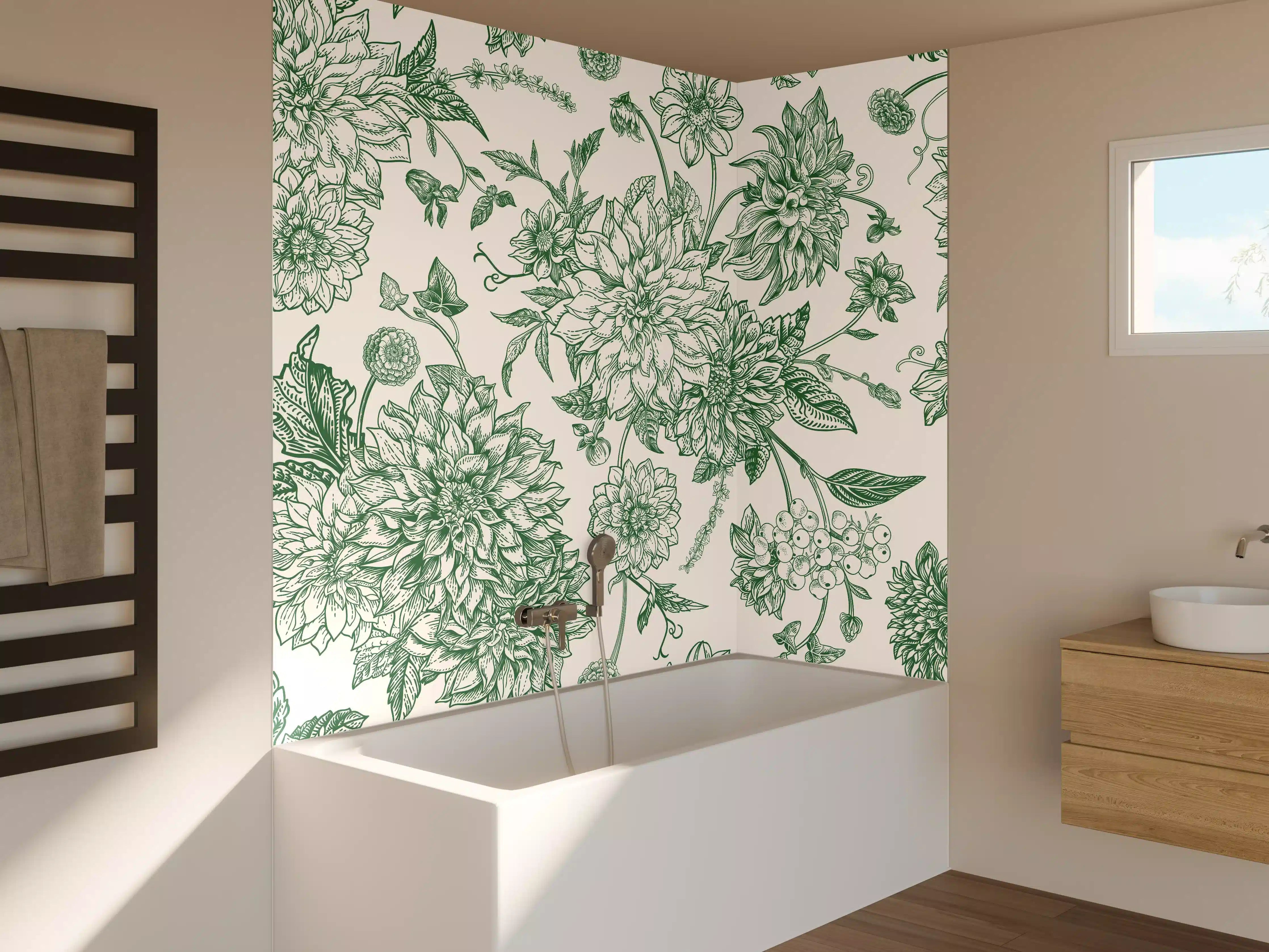 Badewannen-Rückwand - Vintage Grün Blumen Lineart