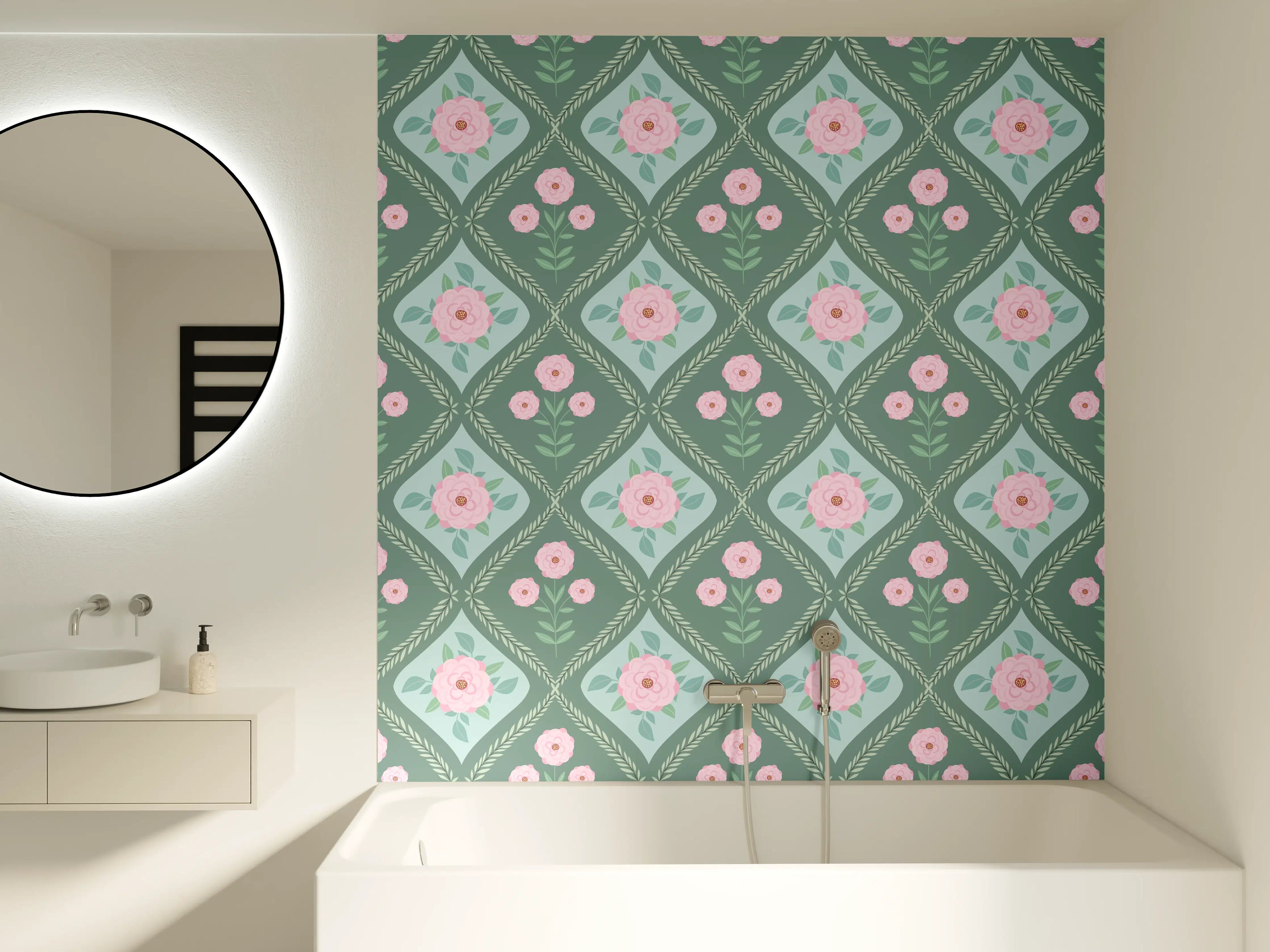 Badewannen-Rückwand - Vintage Rosen Tapete Grün-Rosa