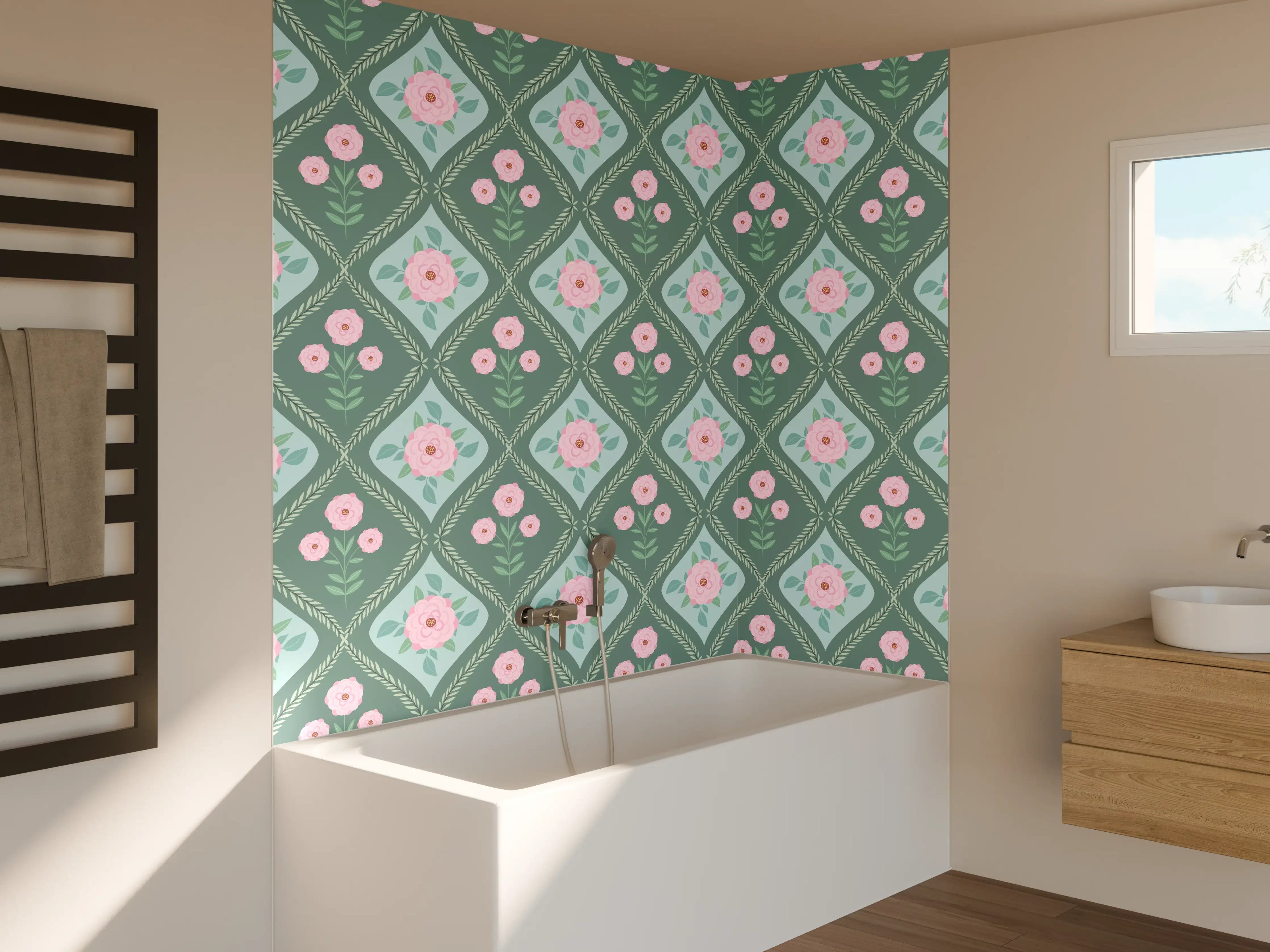 Badewannen-Rückwand - Vintage Rosen Tapete Grün-Rosa