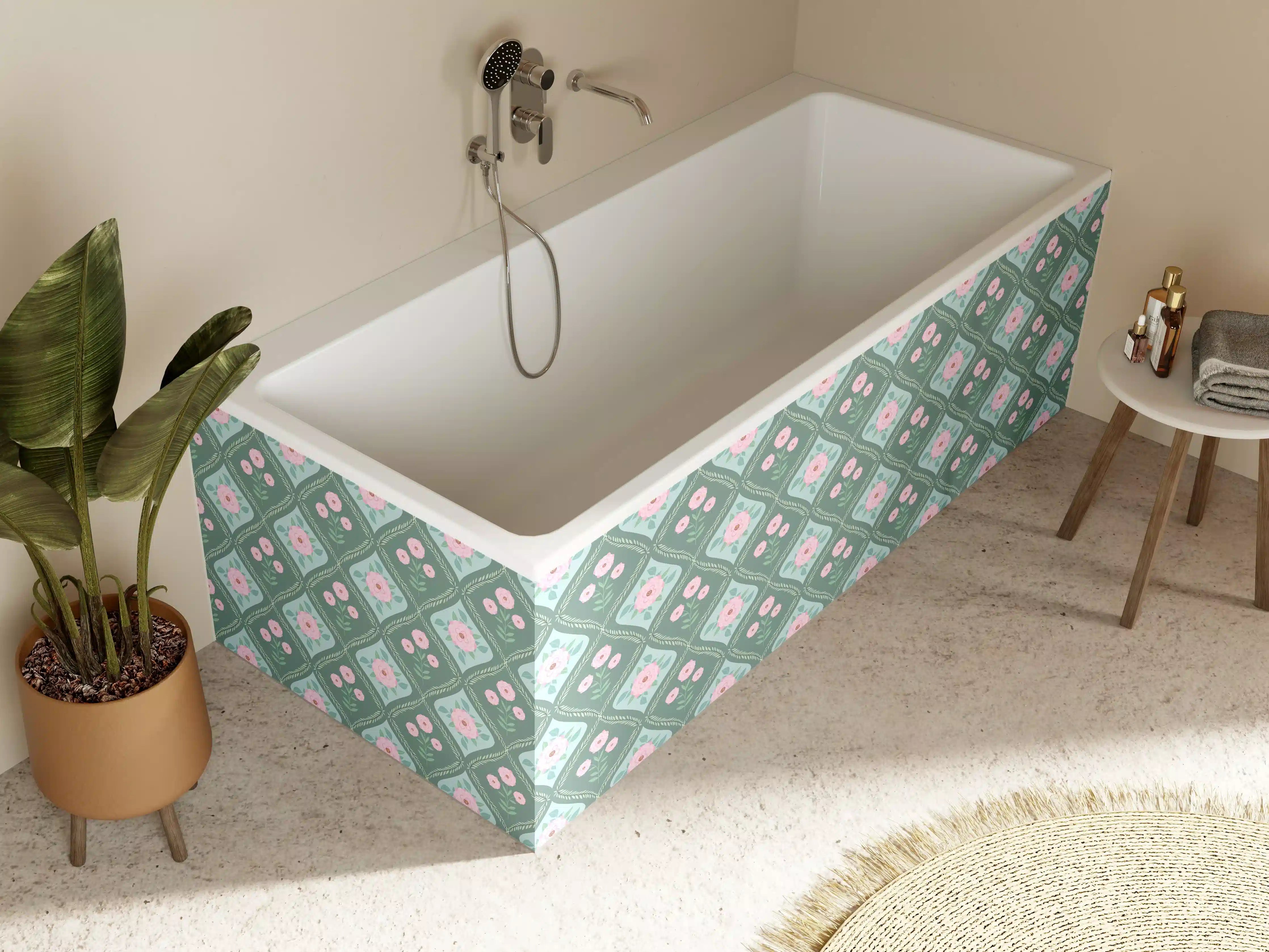 Badewannen-Rückwand - Vintage Rosen Tapete Grün-Rosa