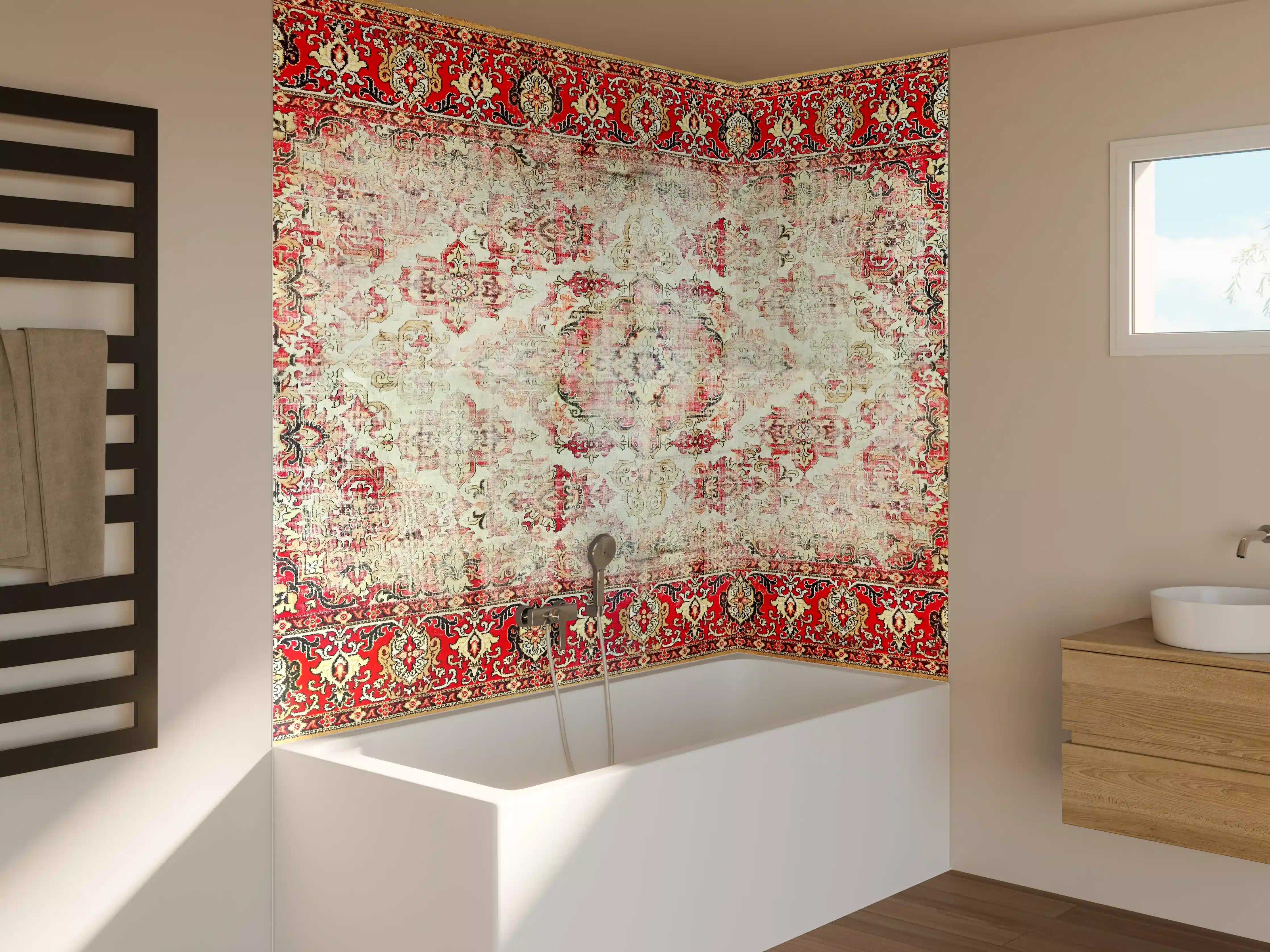 Badewannen-Rückwand - Vintage-Rot-Beige-Ornamentteppich