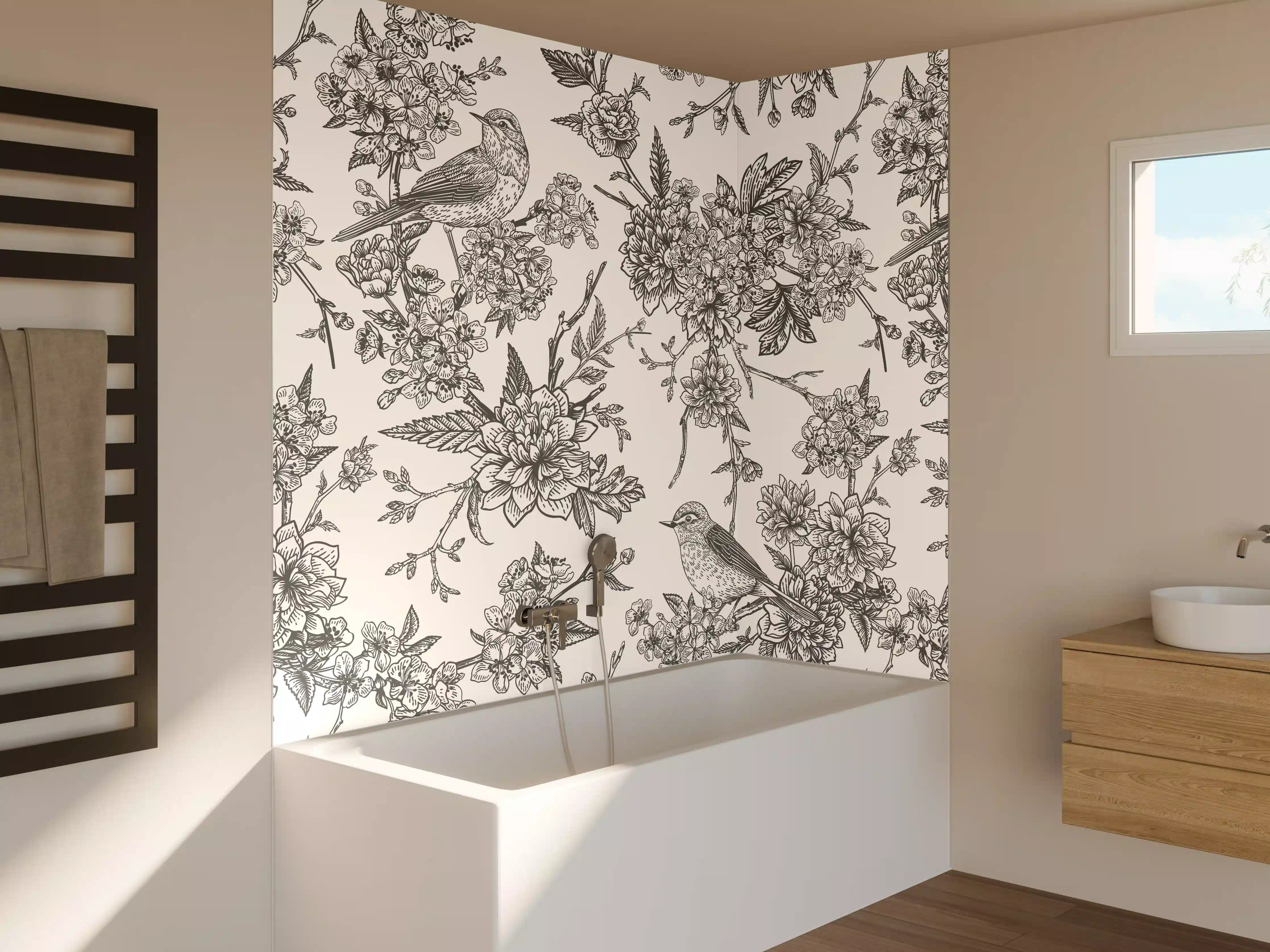 Badewannen-Rückwand - Vintage Schwarzweiß Blumenmuster