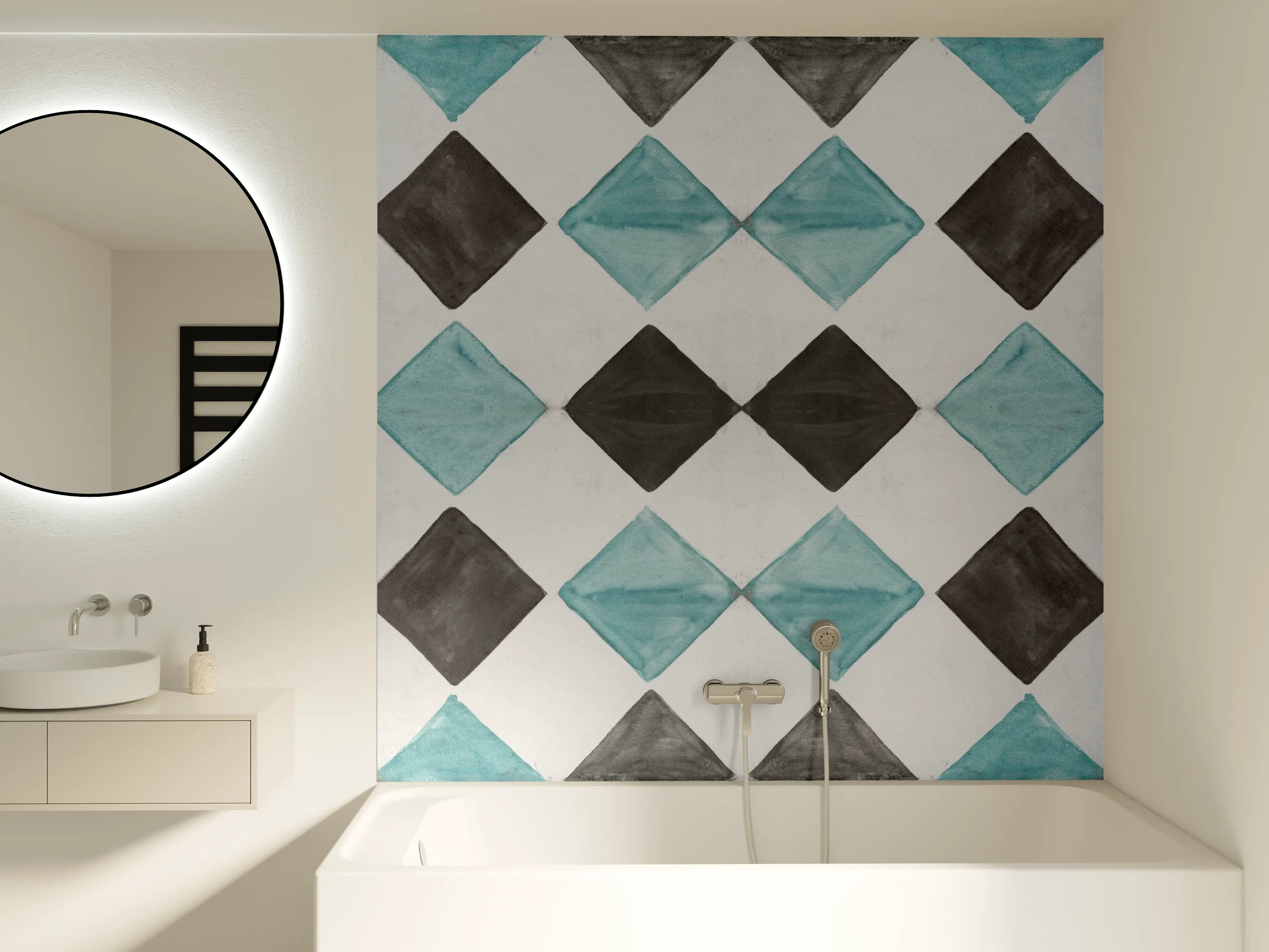 Badewannen-Rückwand - Vintage-Türkis-Schwarz-Weiß-Mosaik