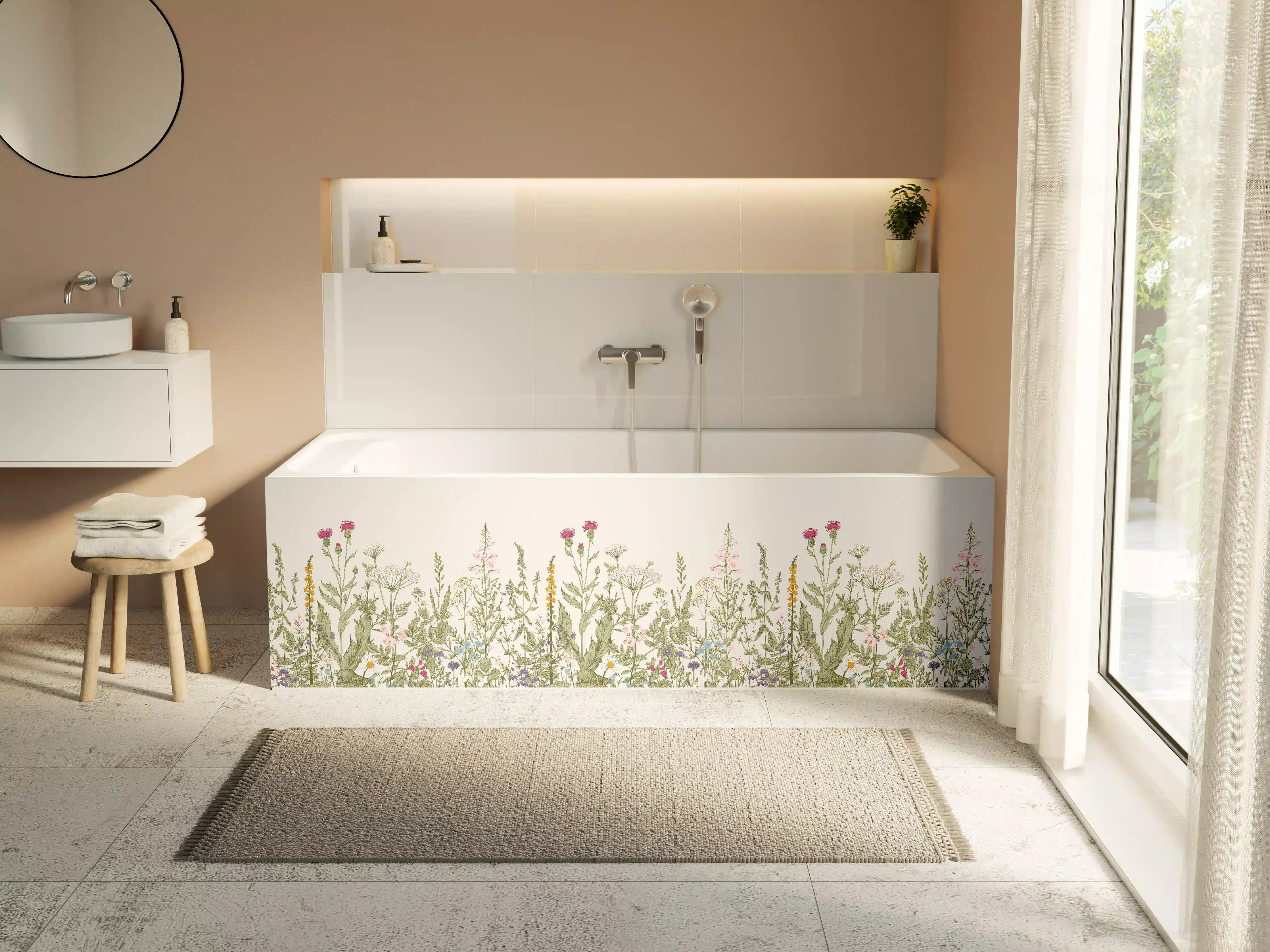 Badewannen-Rückwand - Vintage Wiesenblumen Bordüre Beige-Grün