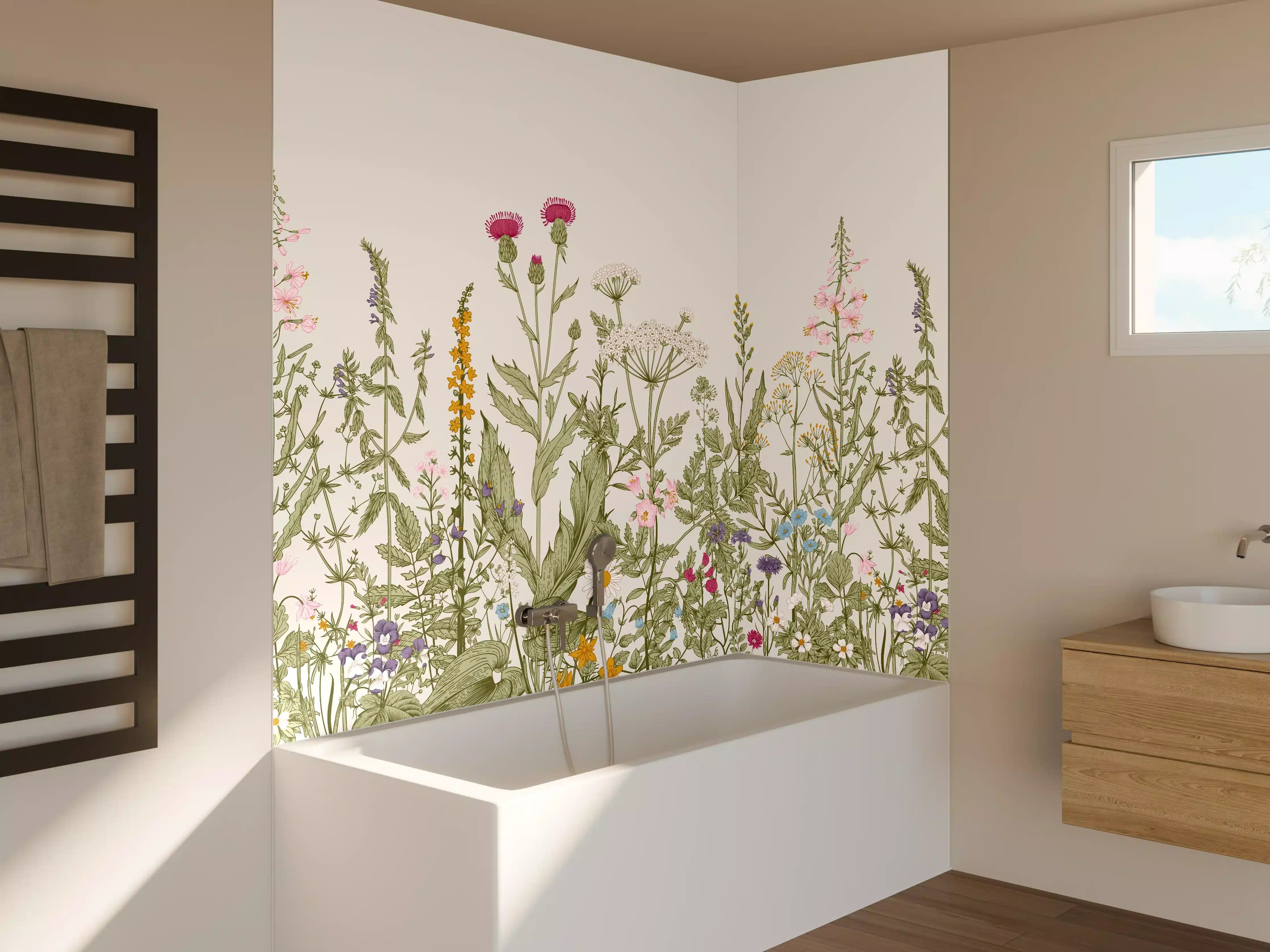 Badewannen-Rückwand - Vintage Wiesenblumen Bordüre Beige-Grün