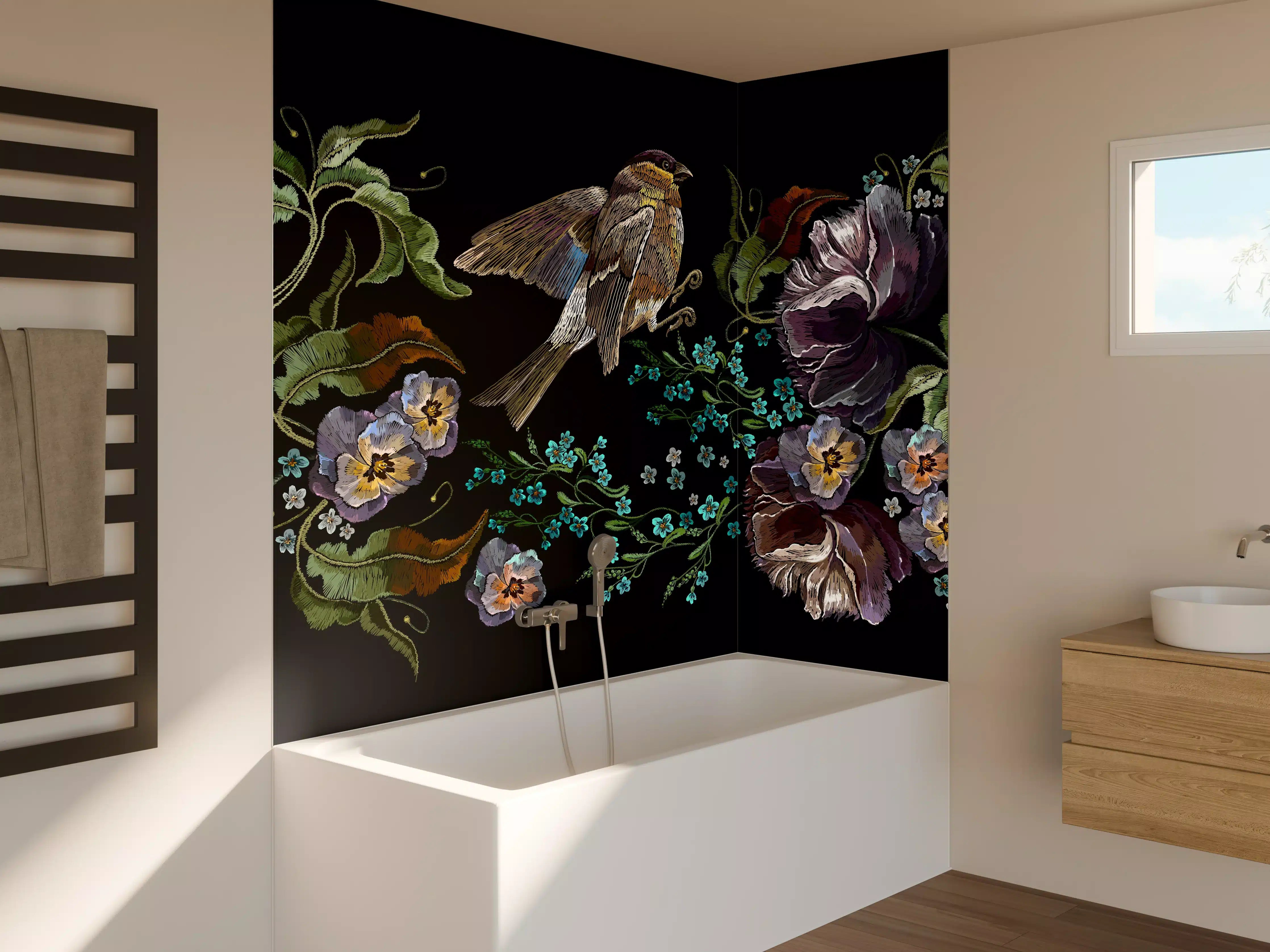 Badewannen-Rückwand - Violette Blumen Vogelmuster Stickerei