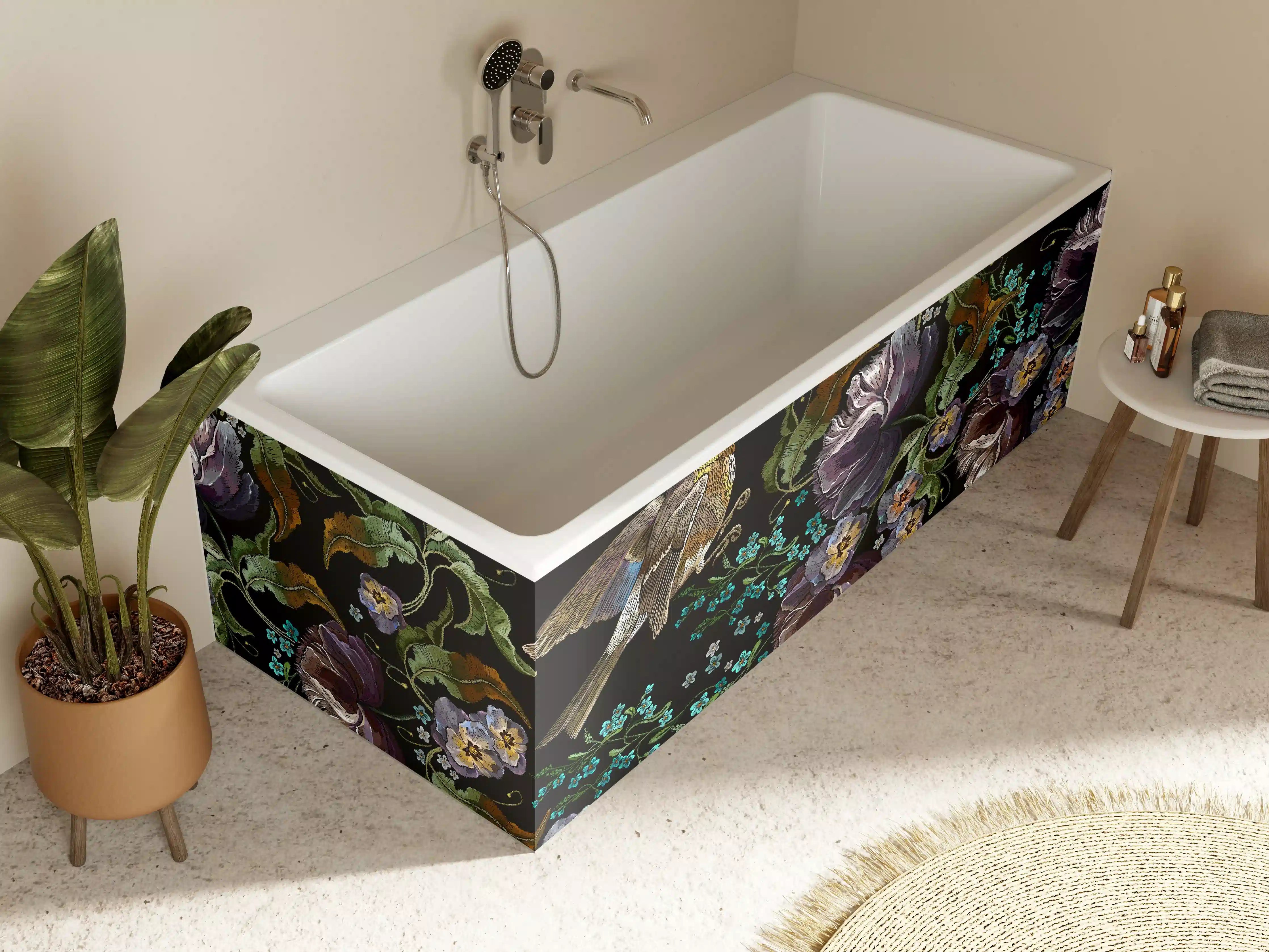 Badewannen-Rückwand - Violette Blumen Vogelmuster Stickerei