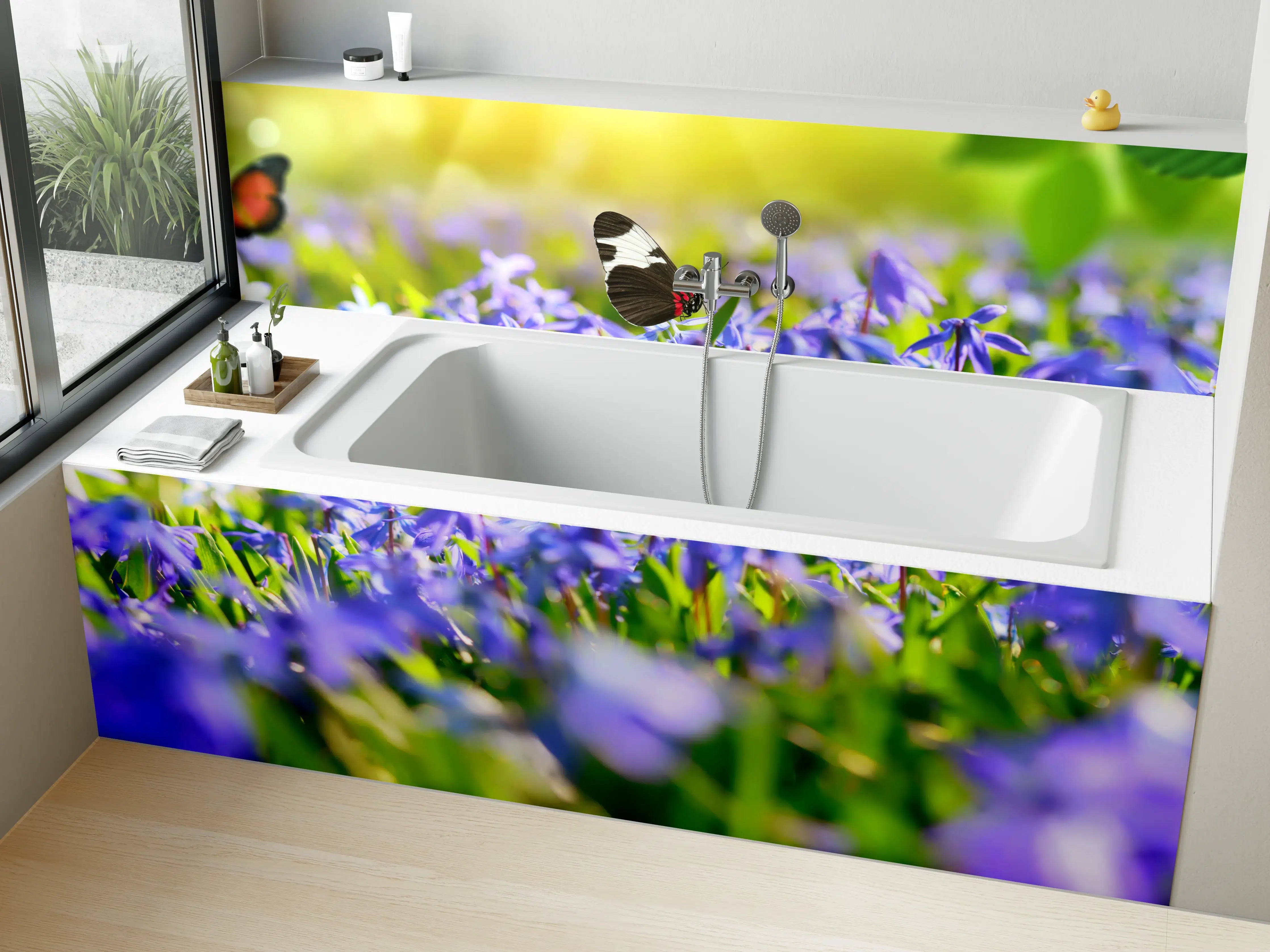 Badewannen-Rückwand - Violette Blumenwiese mit Schmetterlingen