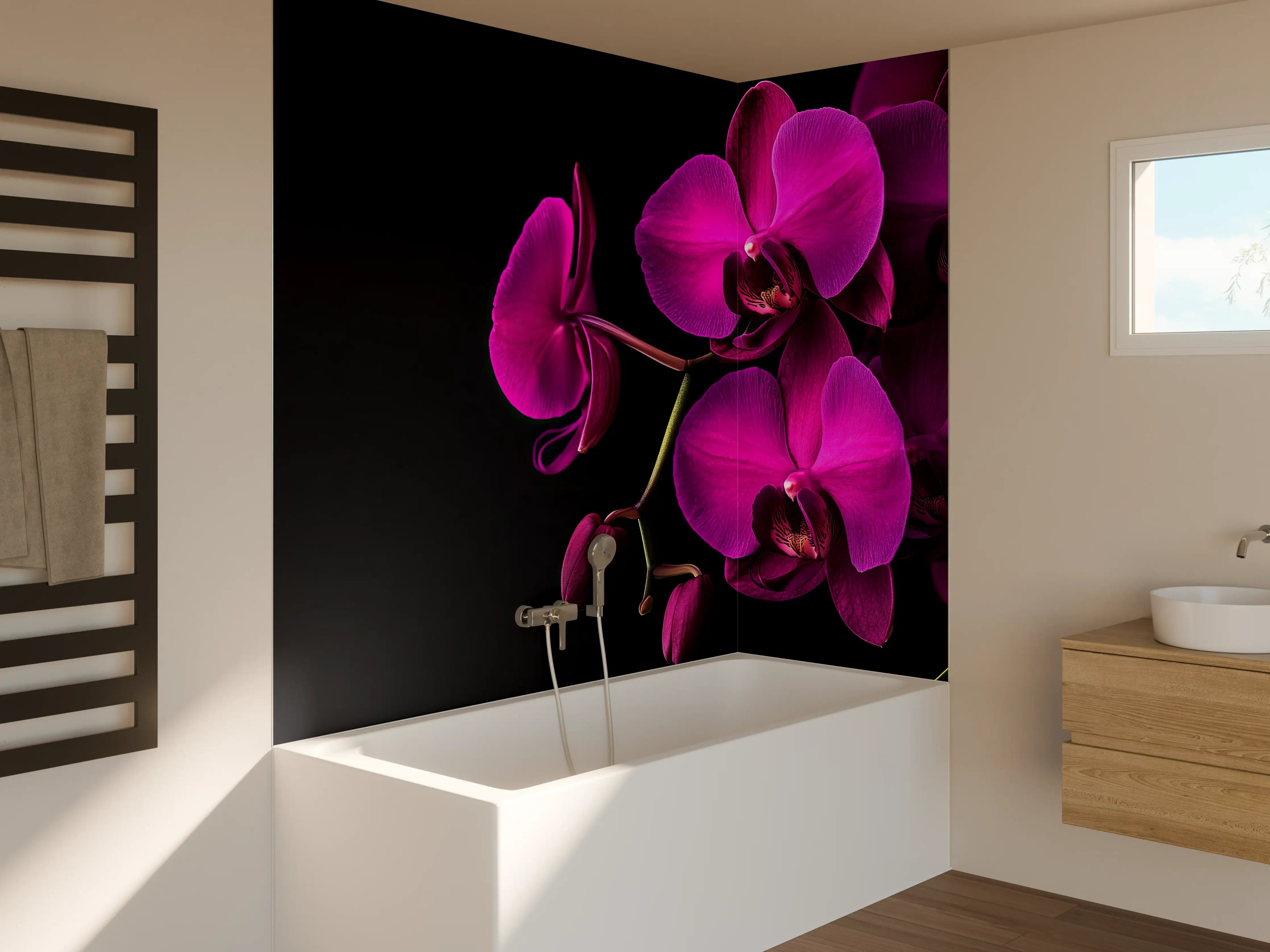 Badewannen-Rückwand - Violette Orchideen auf Schwarz
