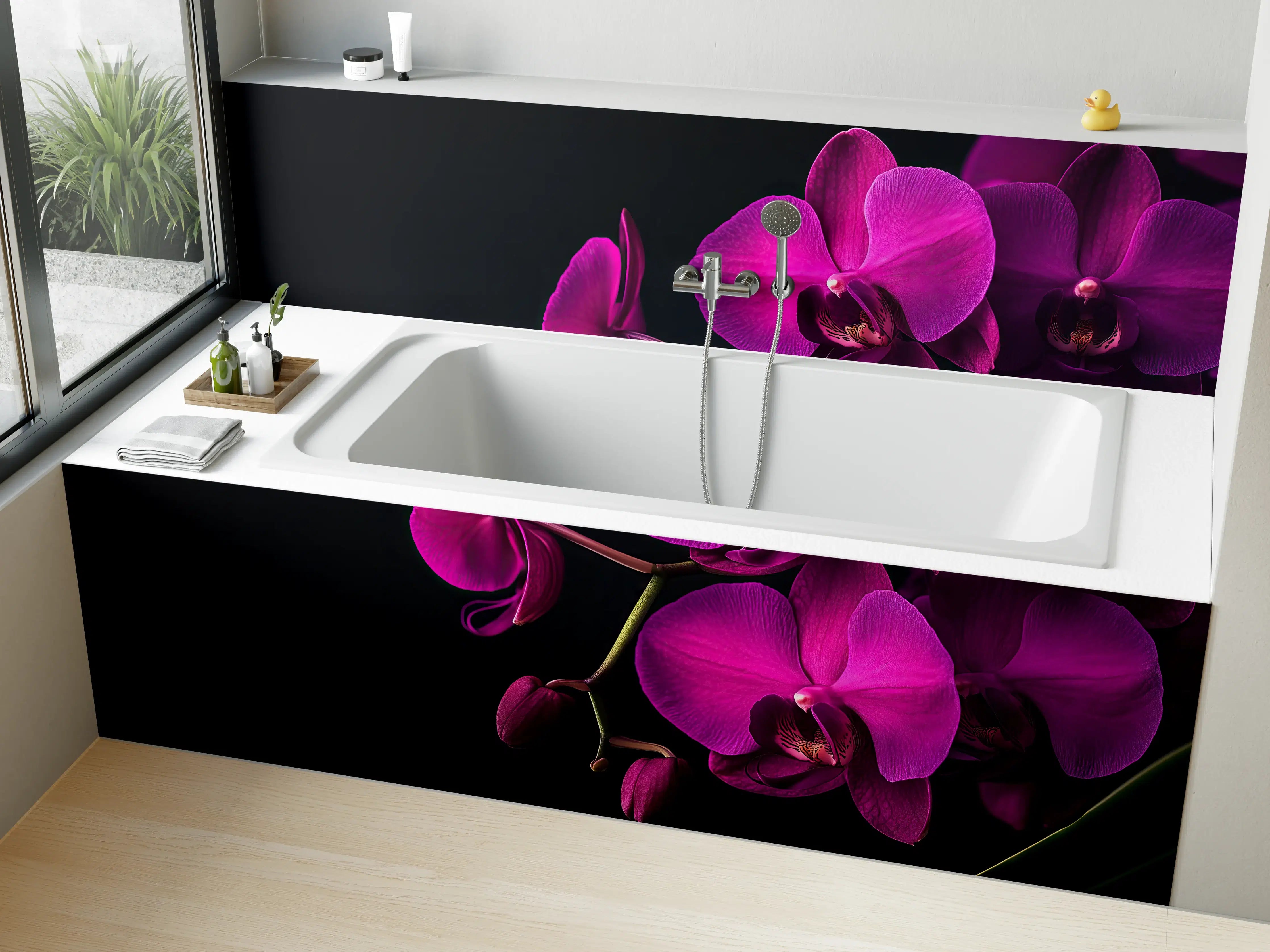 Badewannen-Rückwand - Violette Orchideen auf Schwarz