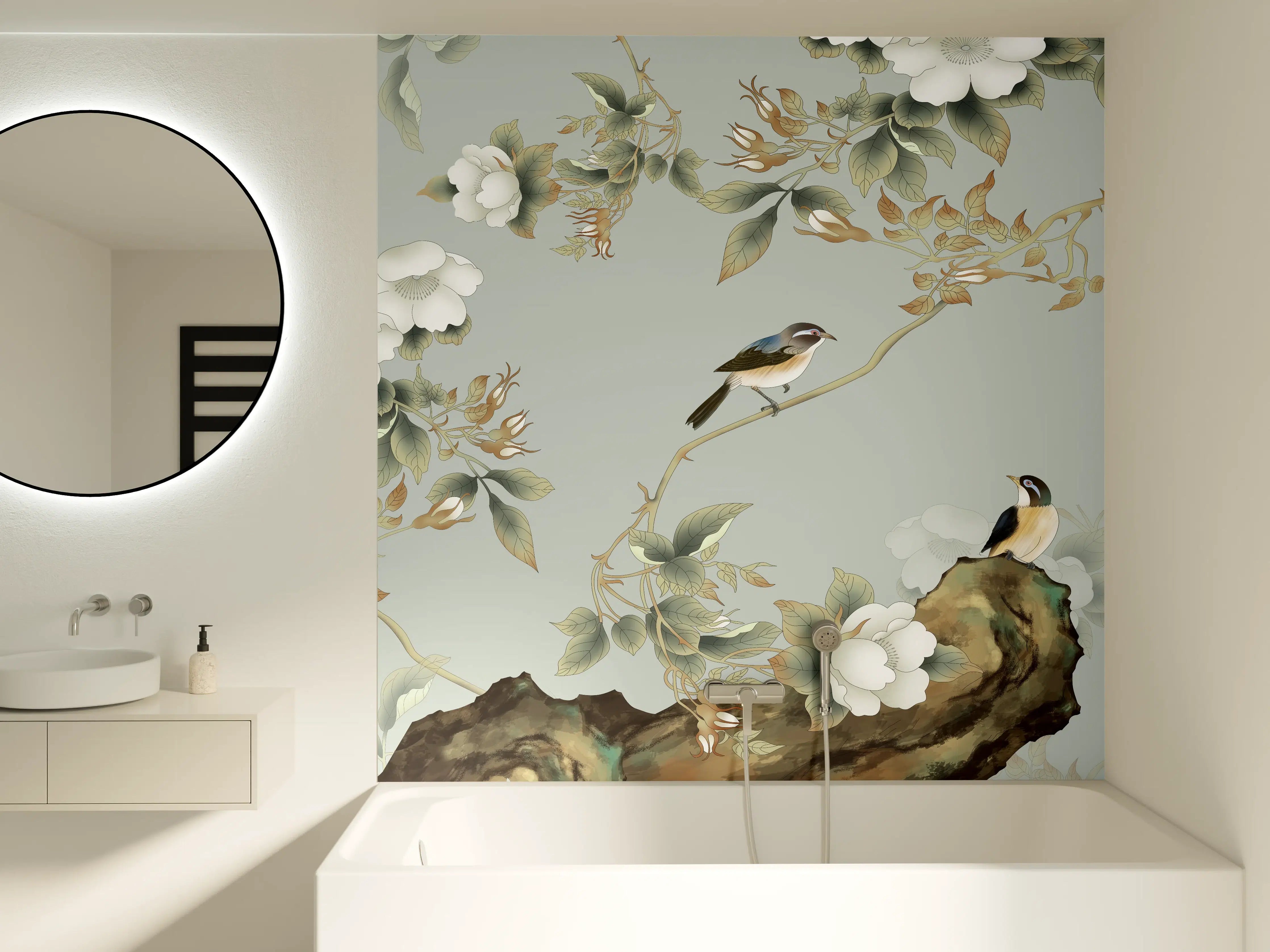 Badewannen-Rückwand - Vögel Natur Illustration auf grauem Hintergrund