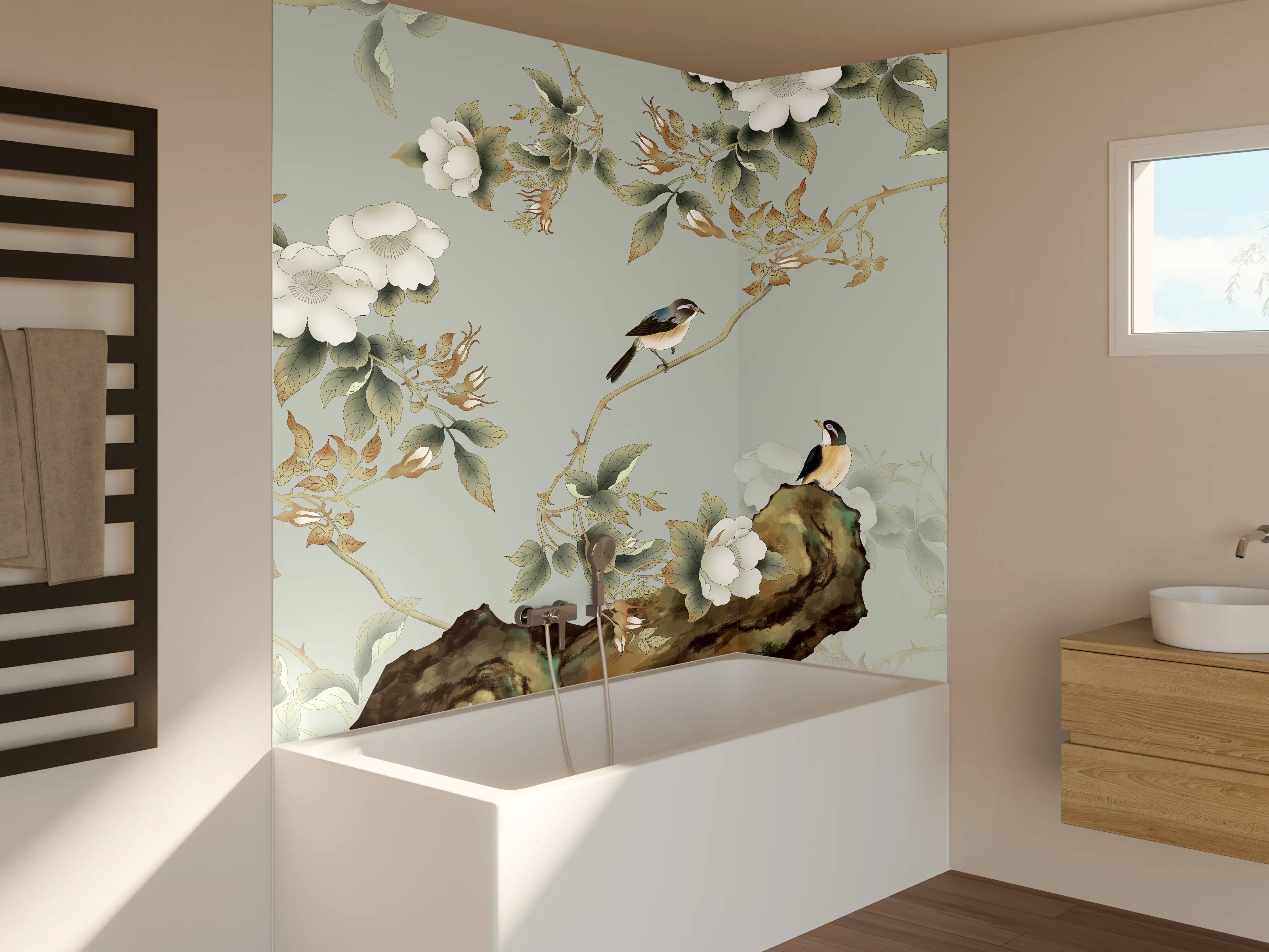 Badewannen-Rückwand - Vögel Natur Illustration auf grauem Hintergrund