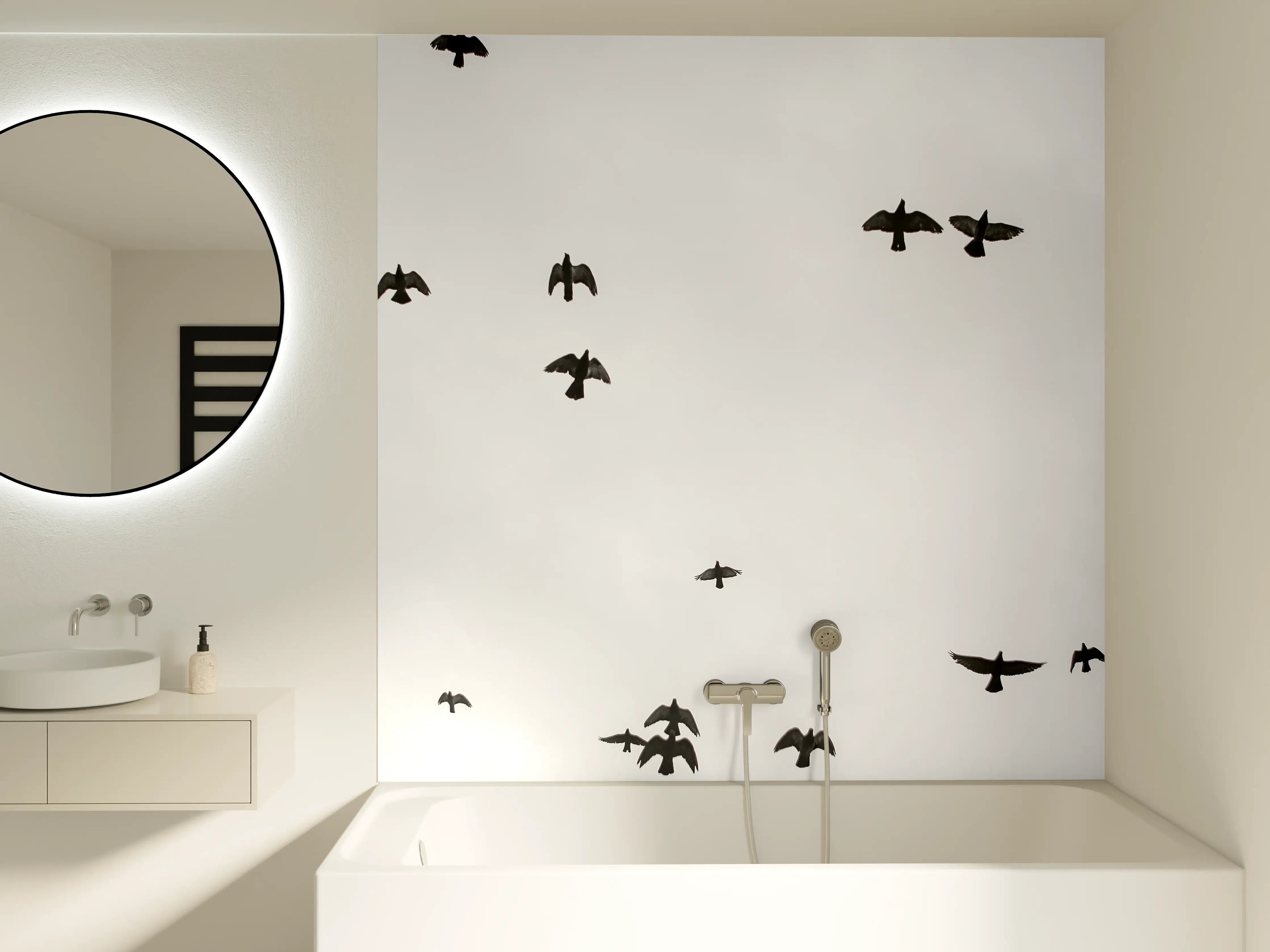 Badewannen-Rückwand - Vogelschwarm - schwarz-weiß