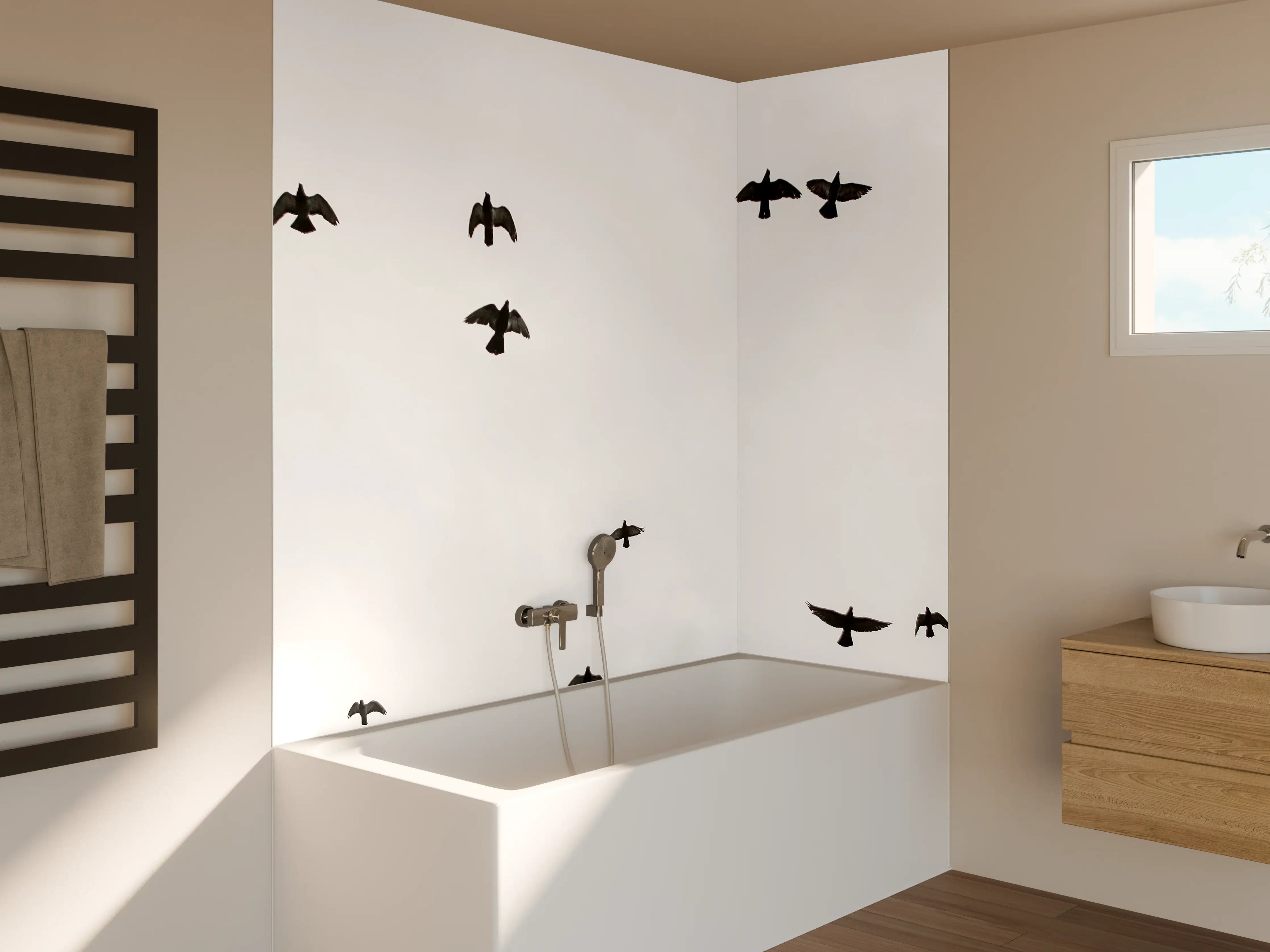 Badewannen-Rückwand - Vogelschwarm - schwarz-weiß