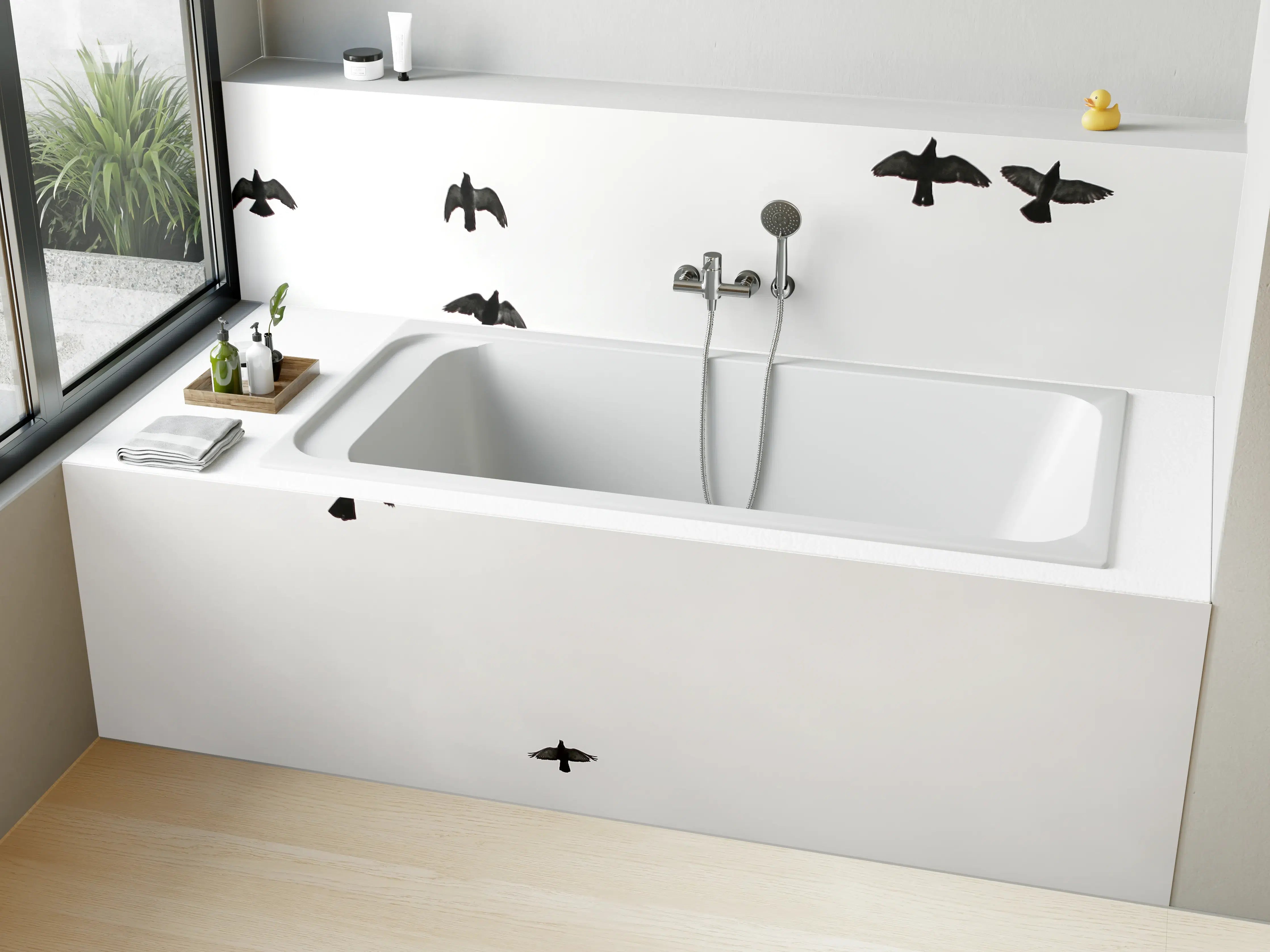 Badewannen-Rückwand - Vogelschwarm - schwarz-weiß