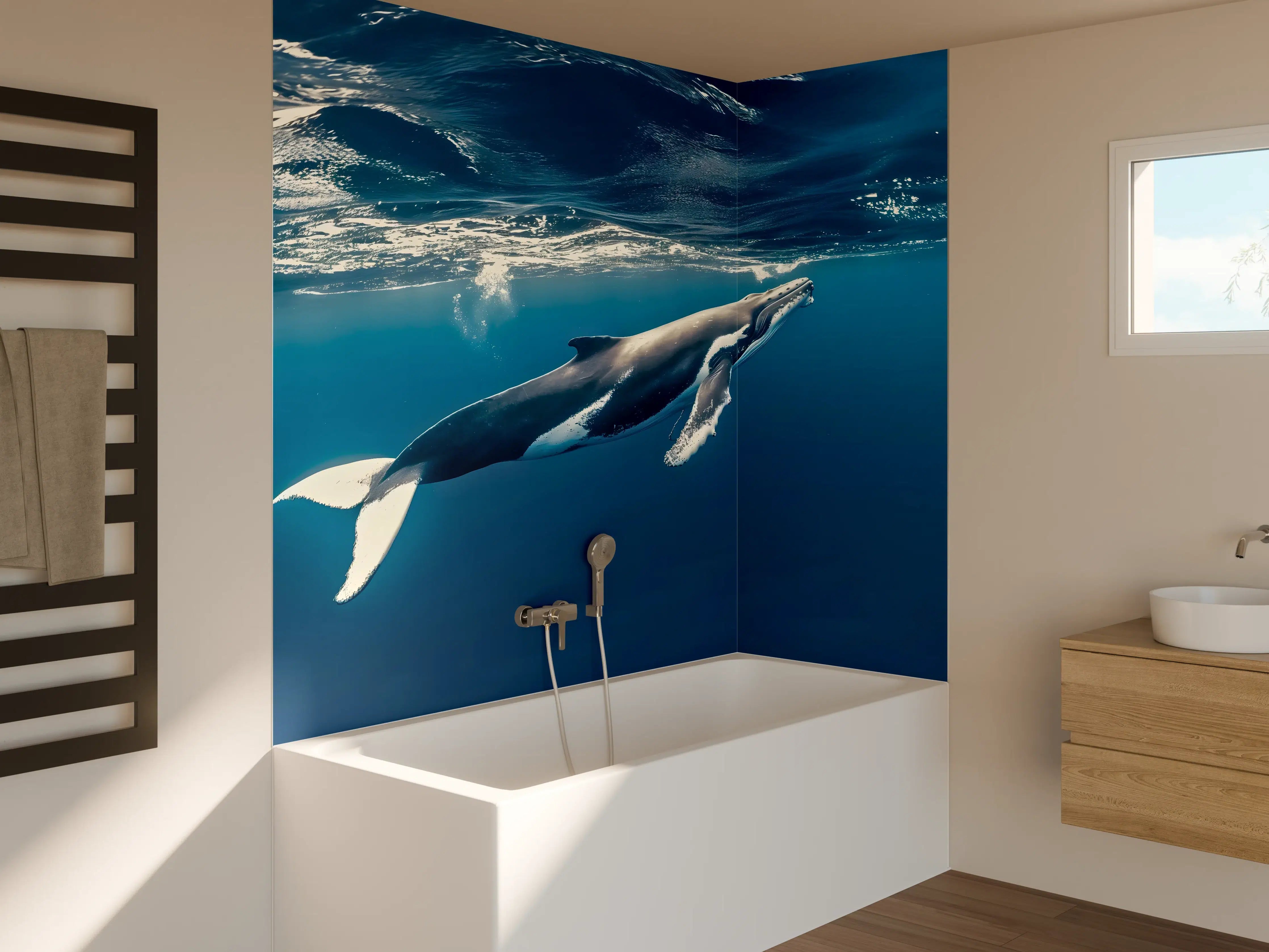 Badewannen-Rückwand - Wal im blauen Ozean