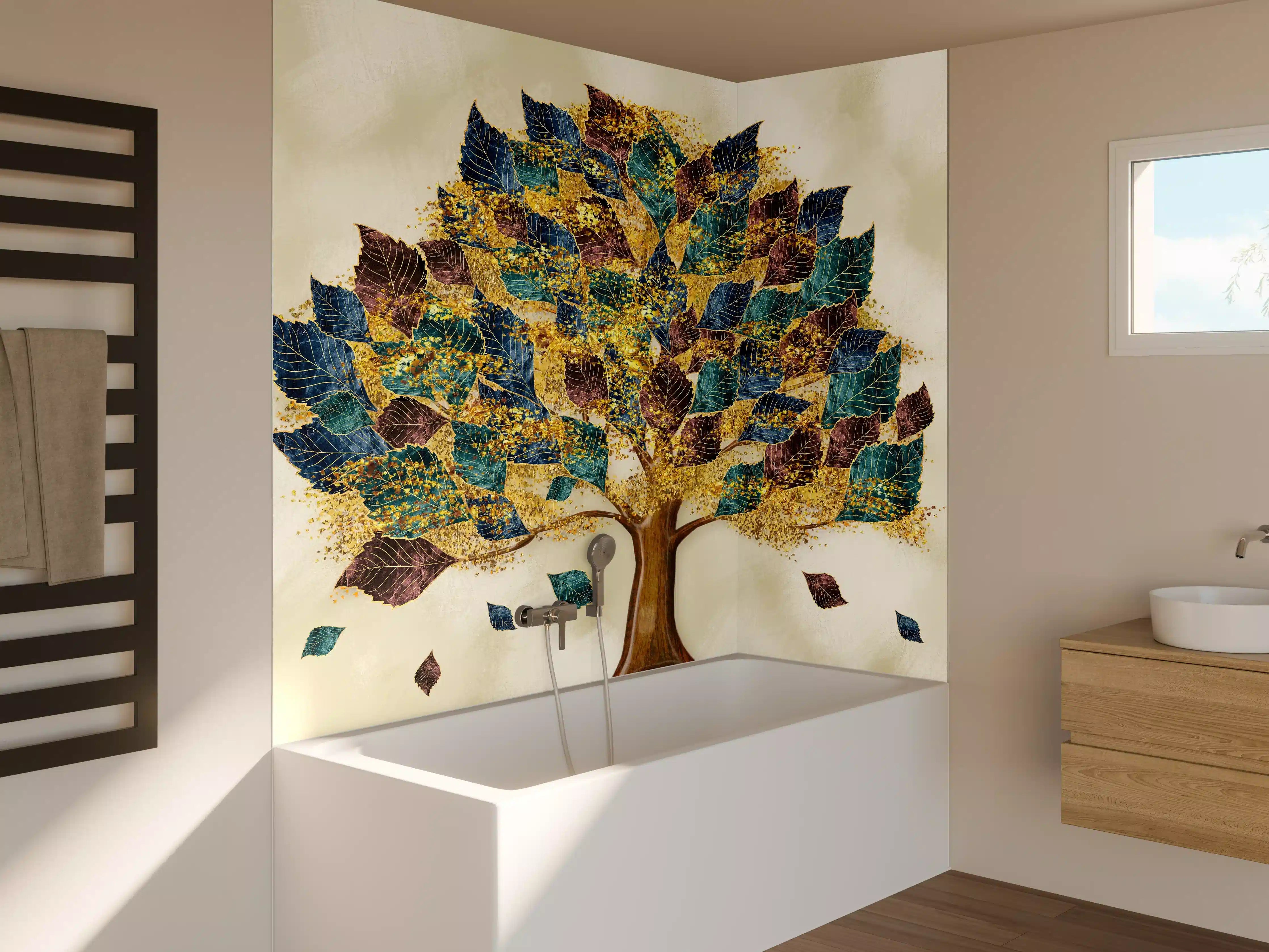 Badewannen-Rückwand - Wandmalerei - Bunter Baum