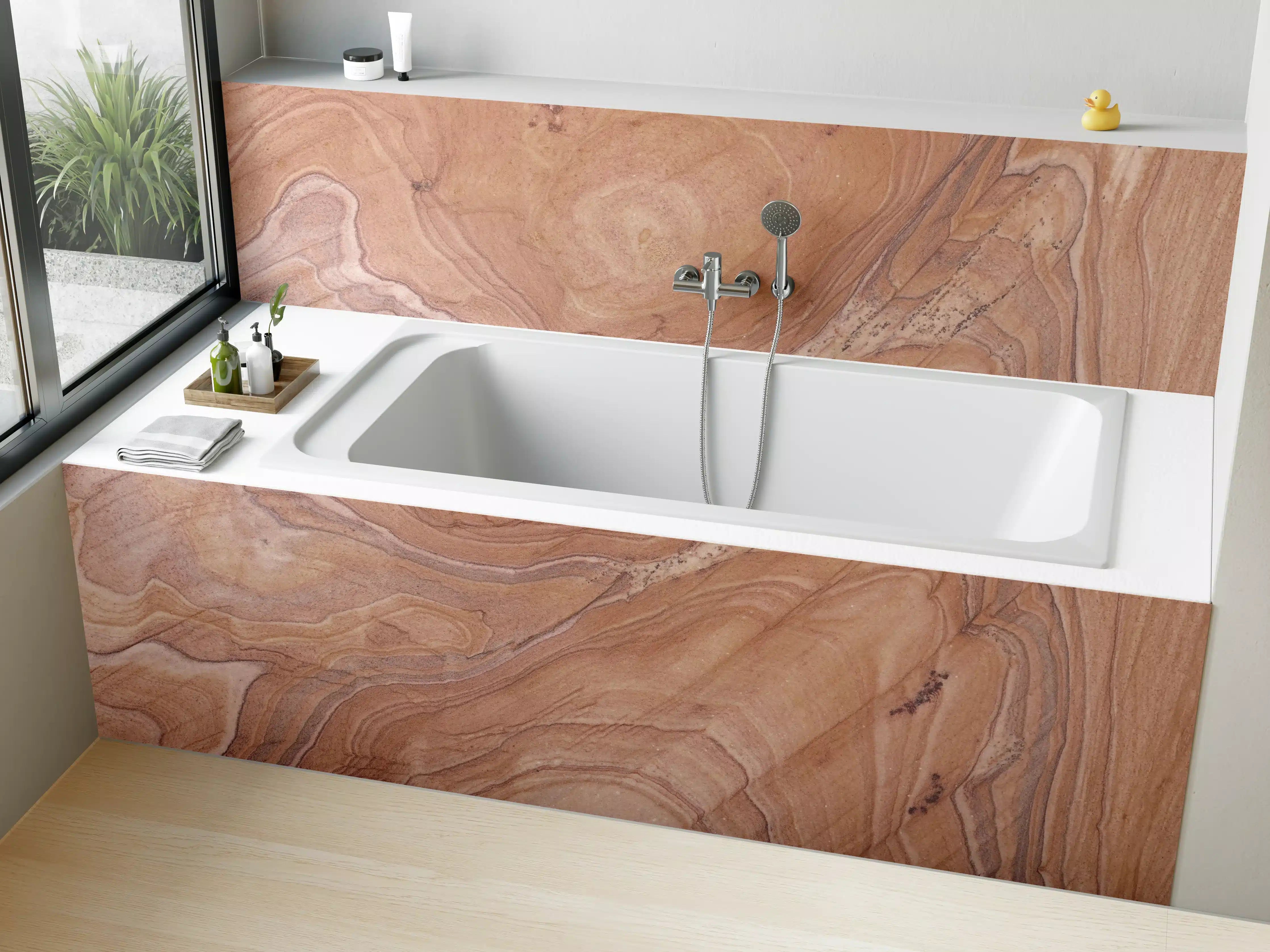 Badewannen-Rückwand - Warme Braun-Töne mit natürlicher Marmor-Textur