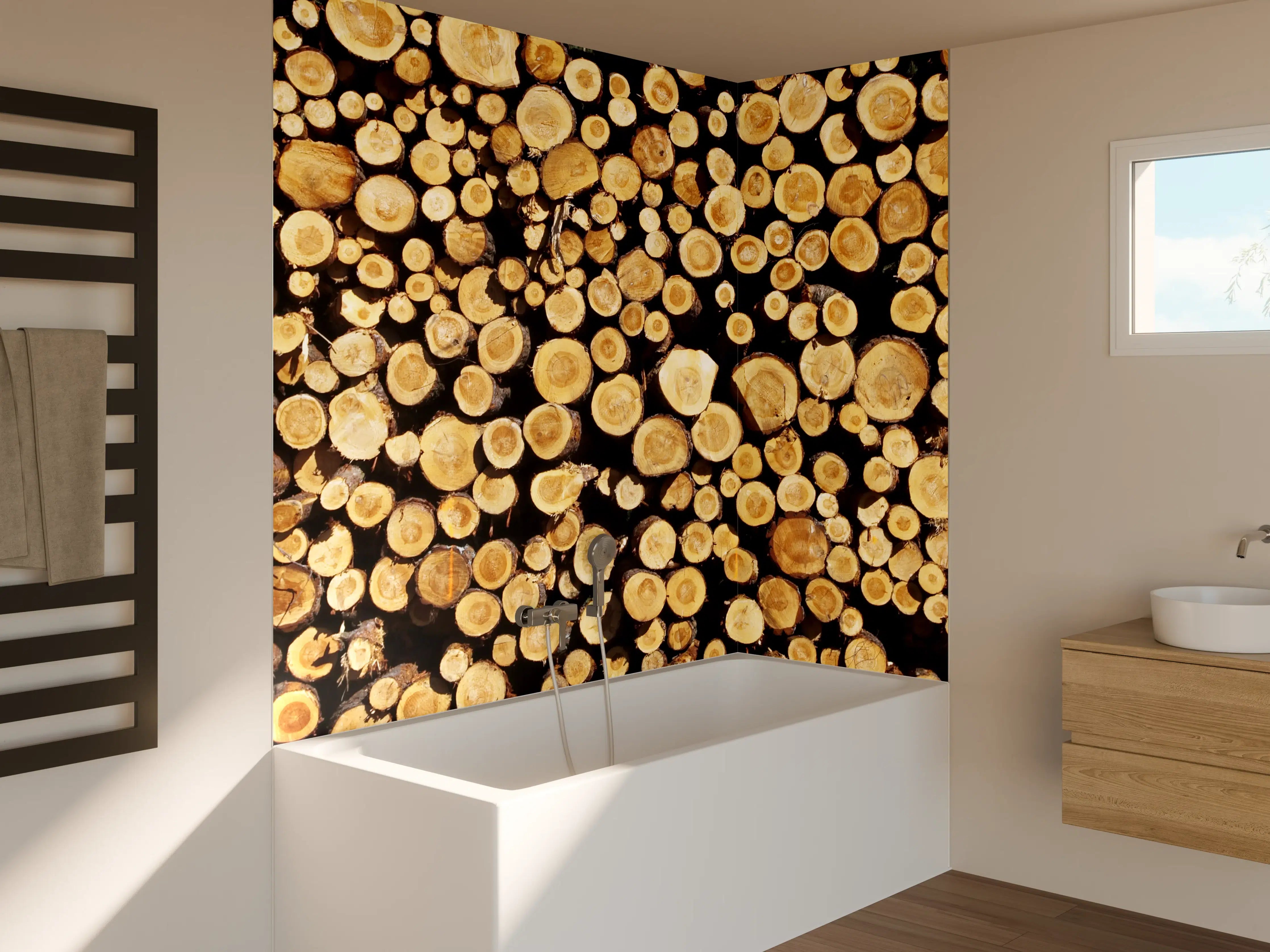 Badewannen-Rückwand - Warme Grautöne im Holz