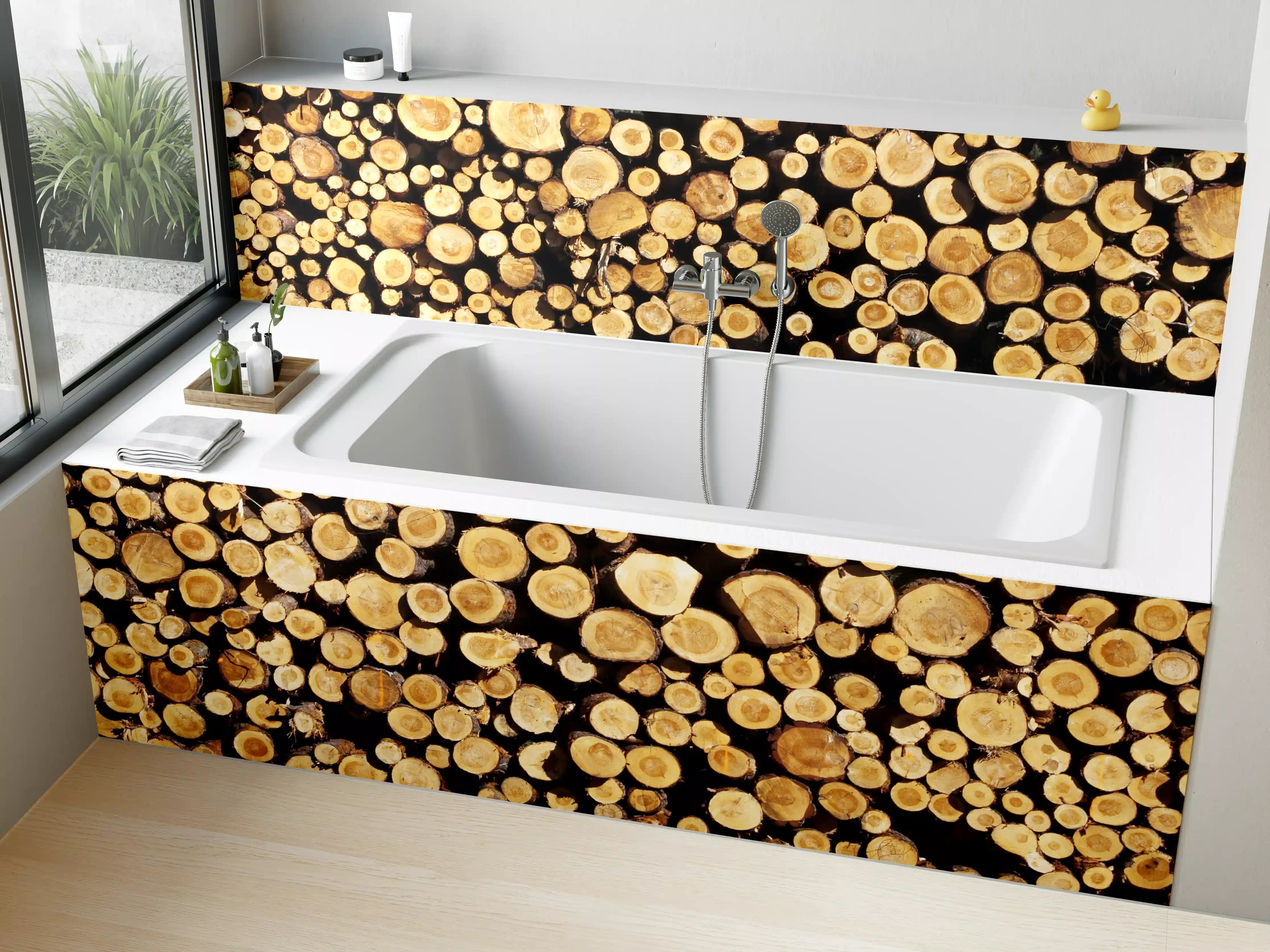 Badewannen-Rückwand - Warme Grautöne im Holz
