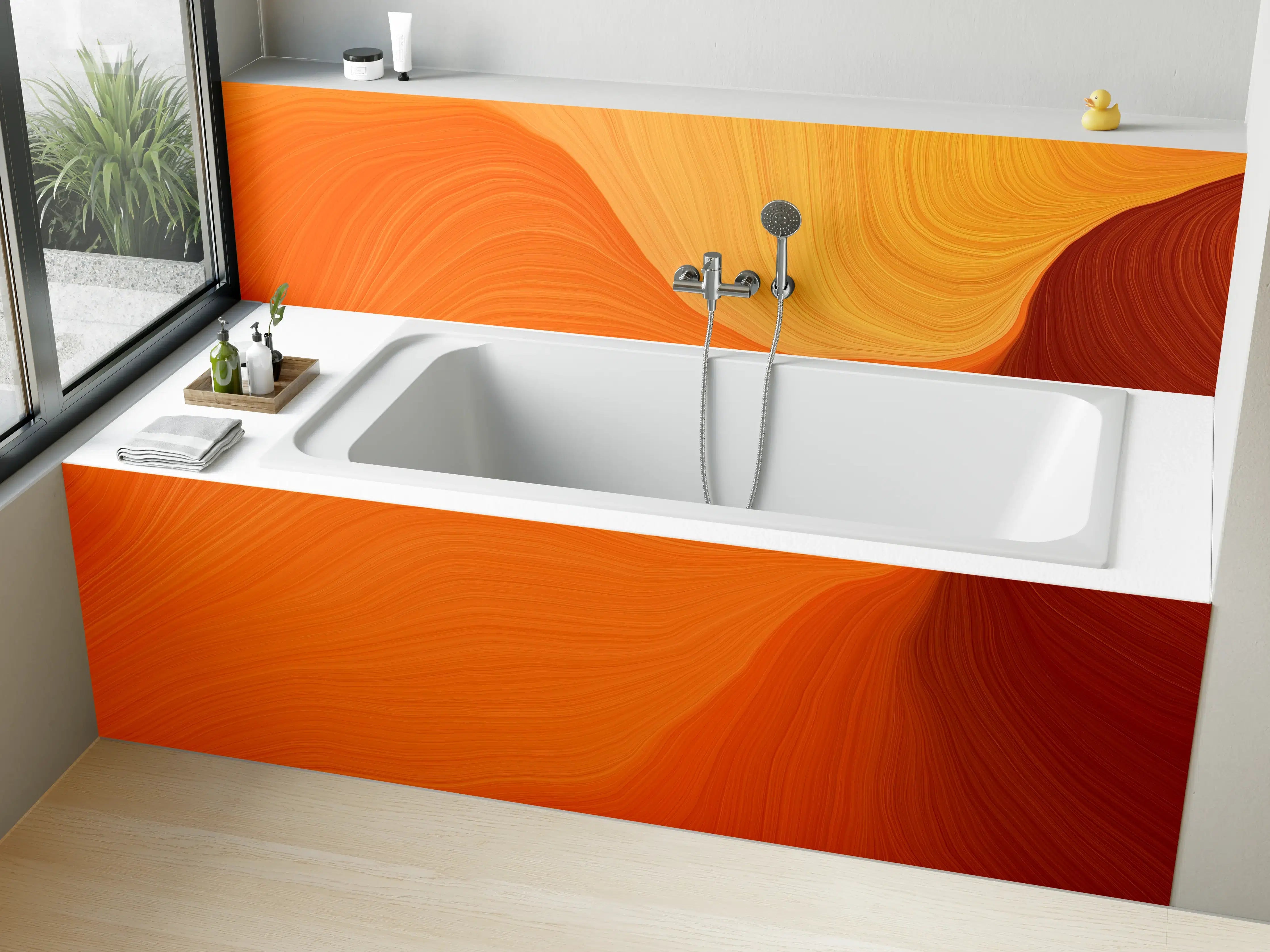 Badewannen-Rückwand - Warme, fließende Farbverläufe in Orange und Braun