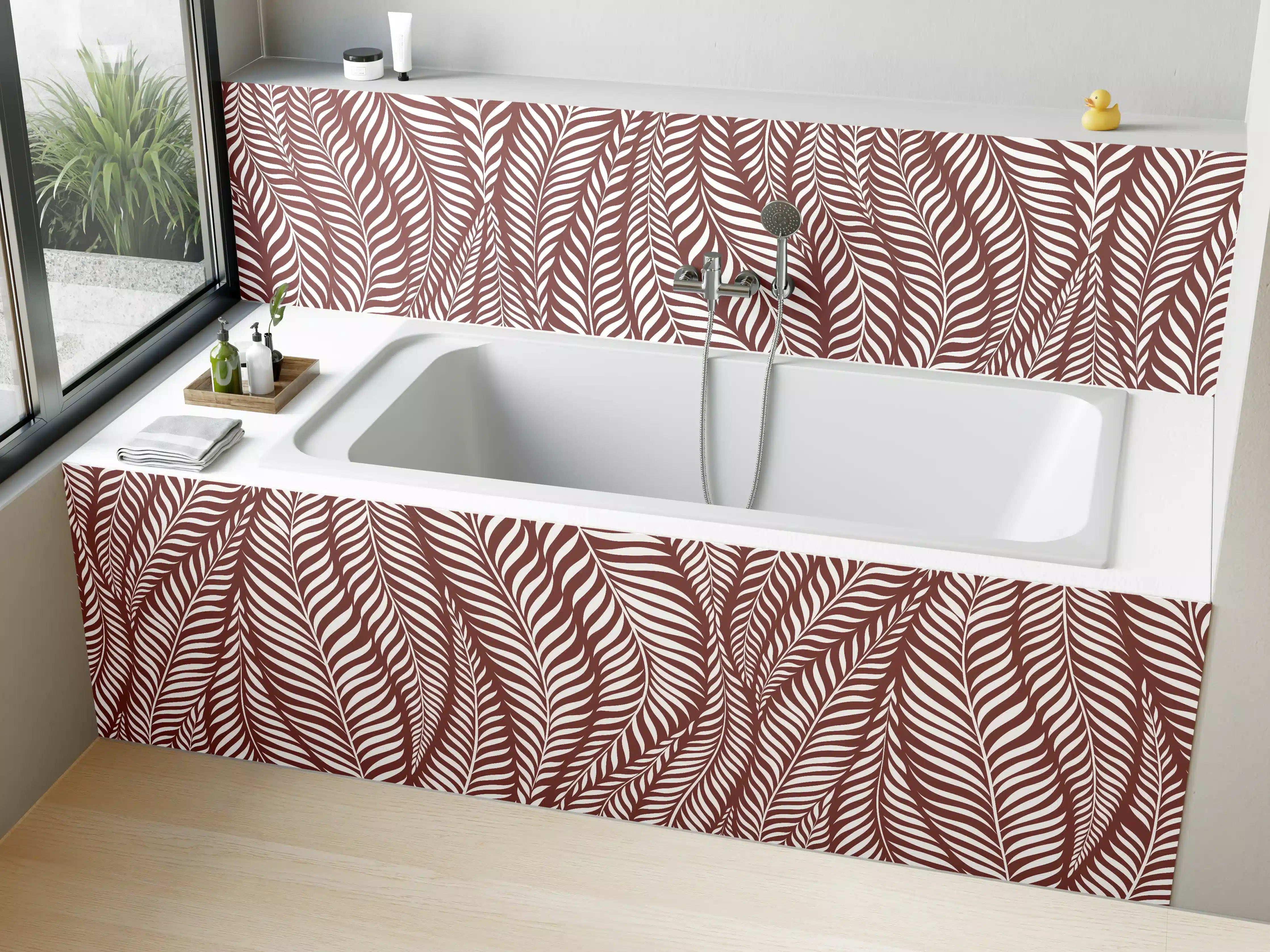 Badewannen-Rückwand - Warmer Braun-Weiß-Wand mit feinem Muster