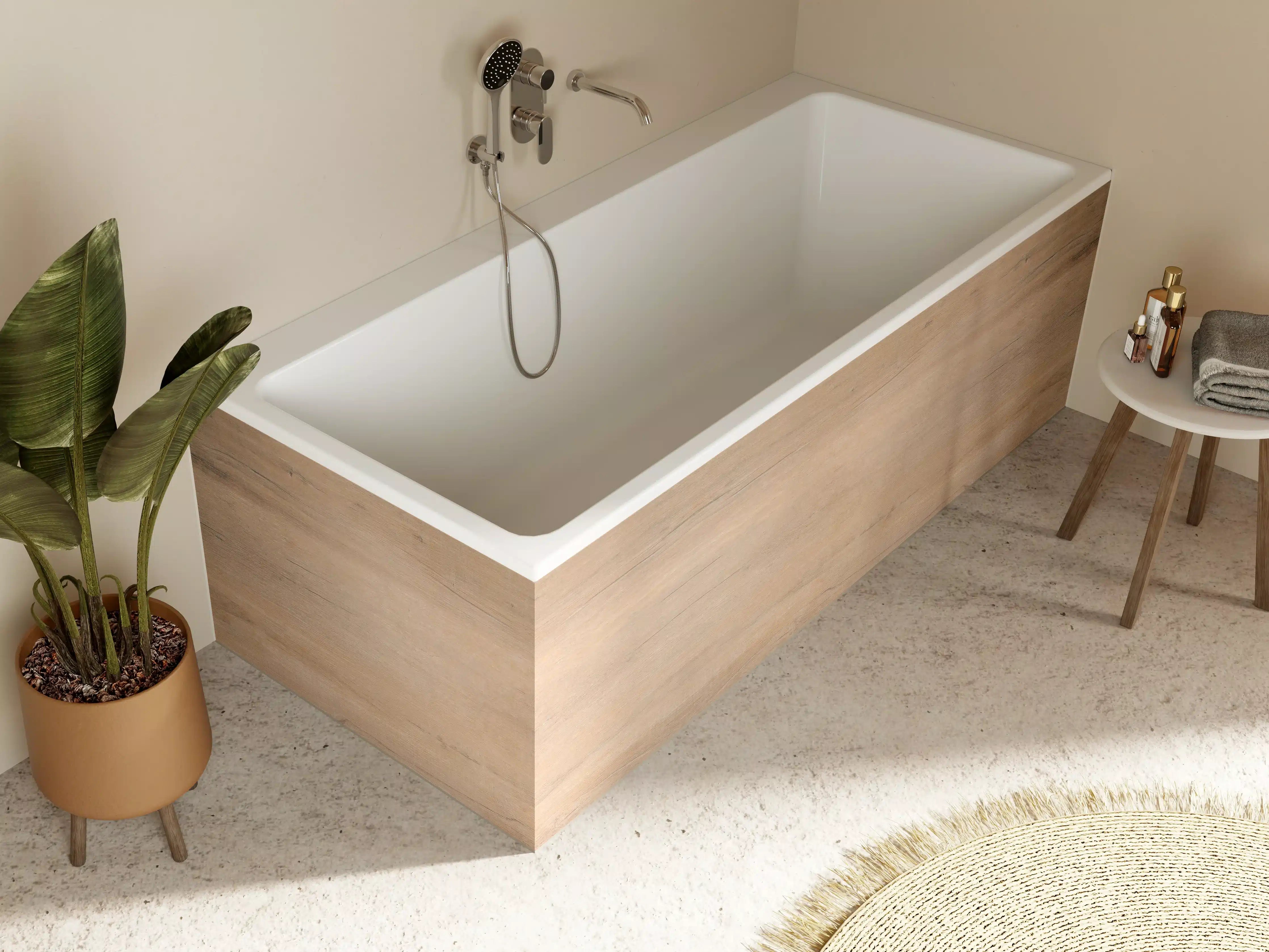 Badewannen-Rückwand - Warmer Holzhintergrund in Naturtönen