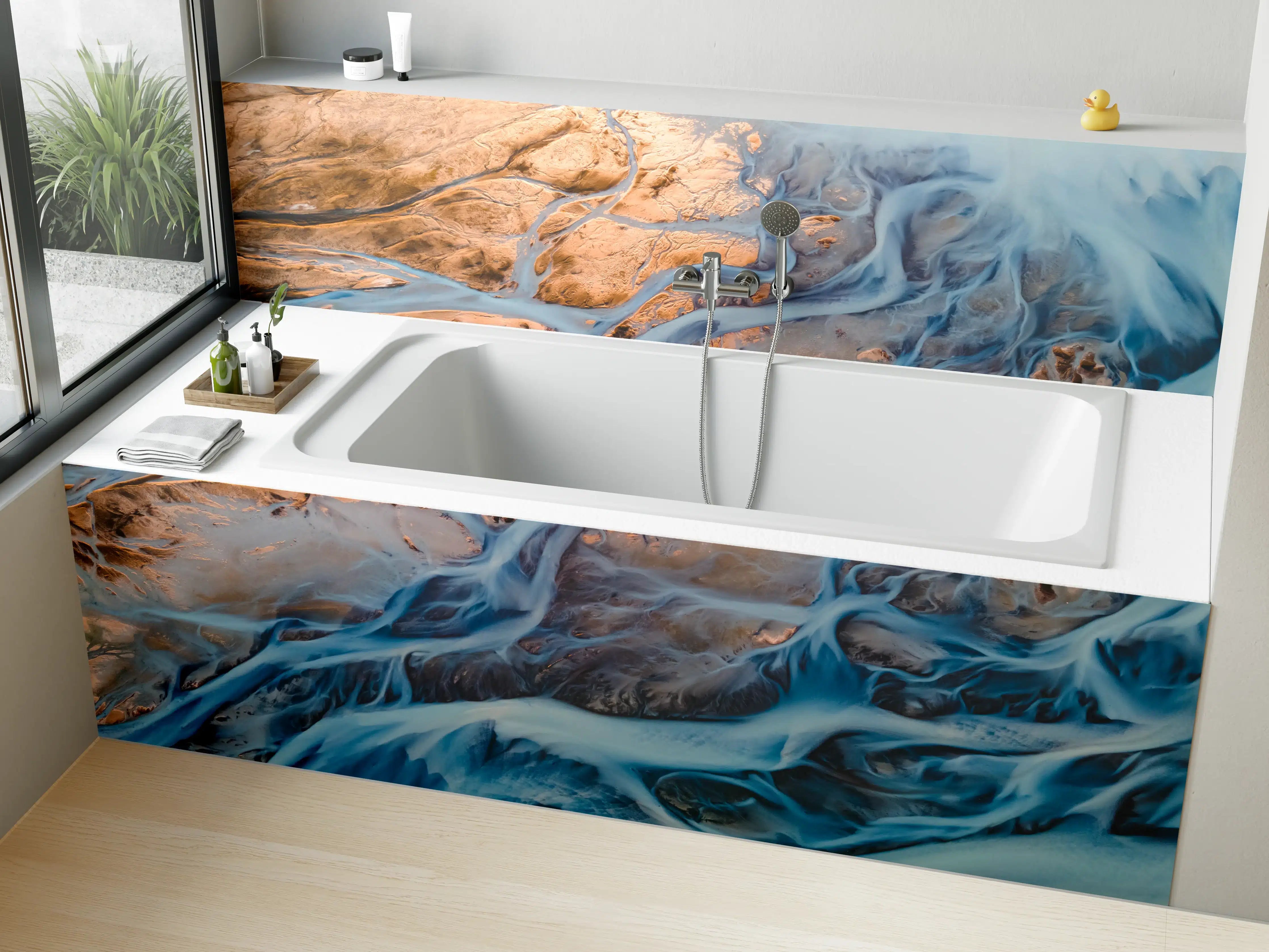 Badewannen-Rückwand - Wasser & Felsen in Blau-Tönen