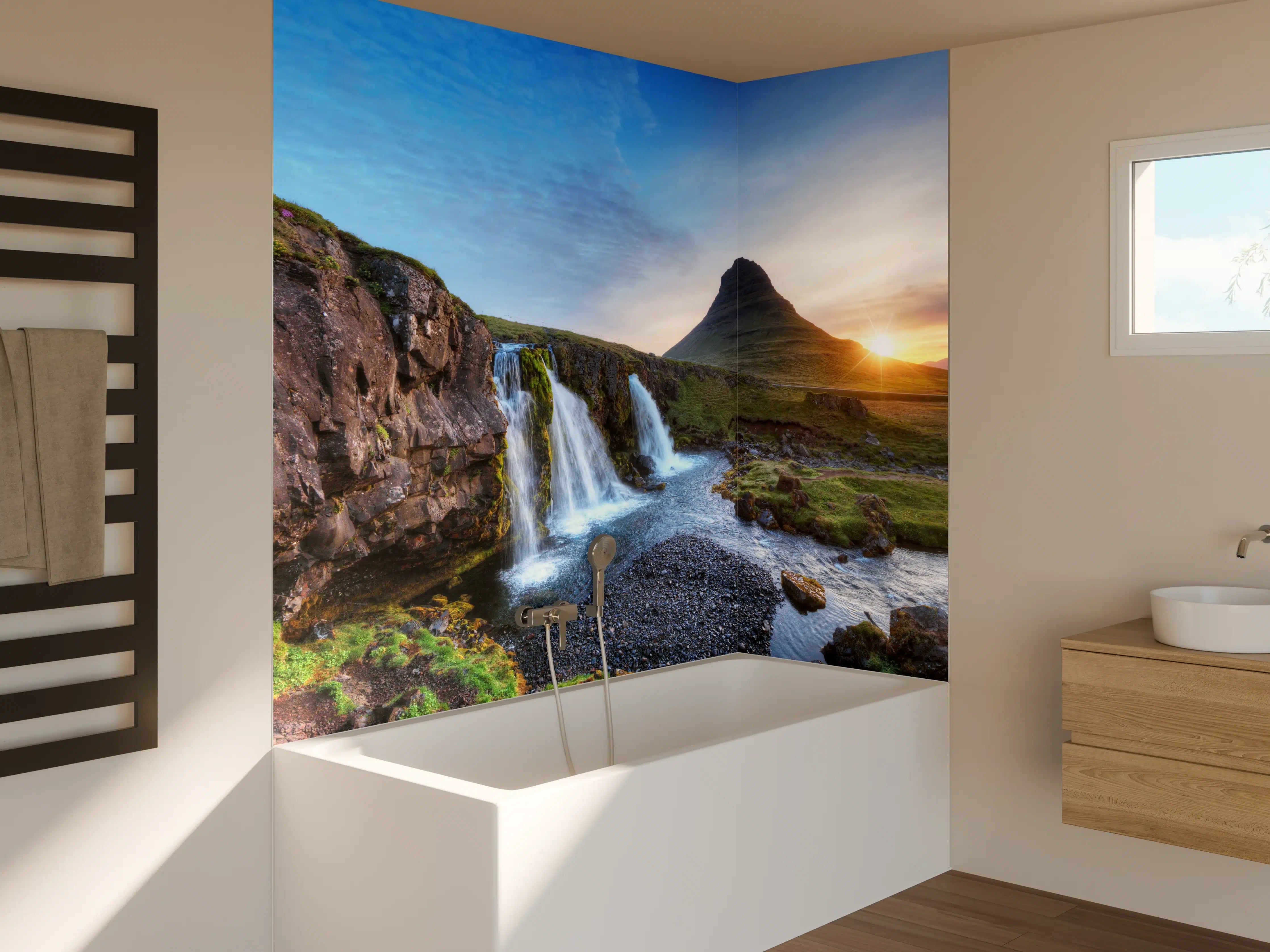 Badewannen-Rückwand - Wasserfall bei Sonnenuntergang