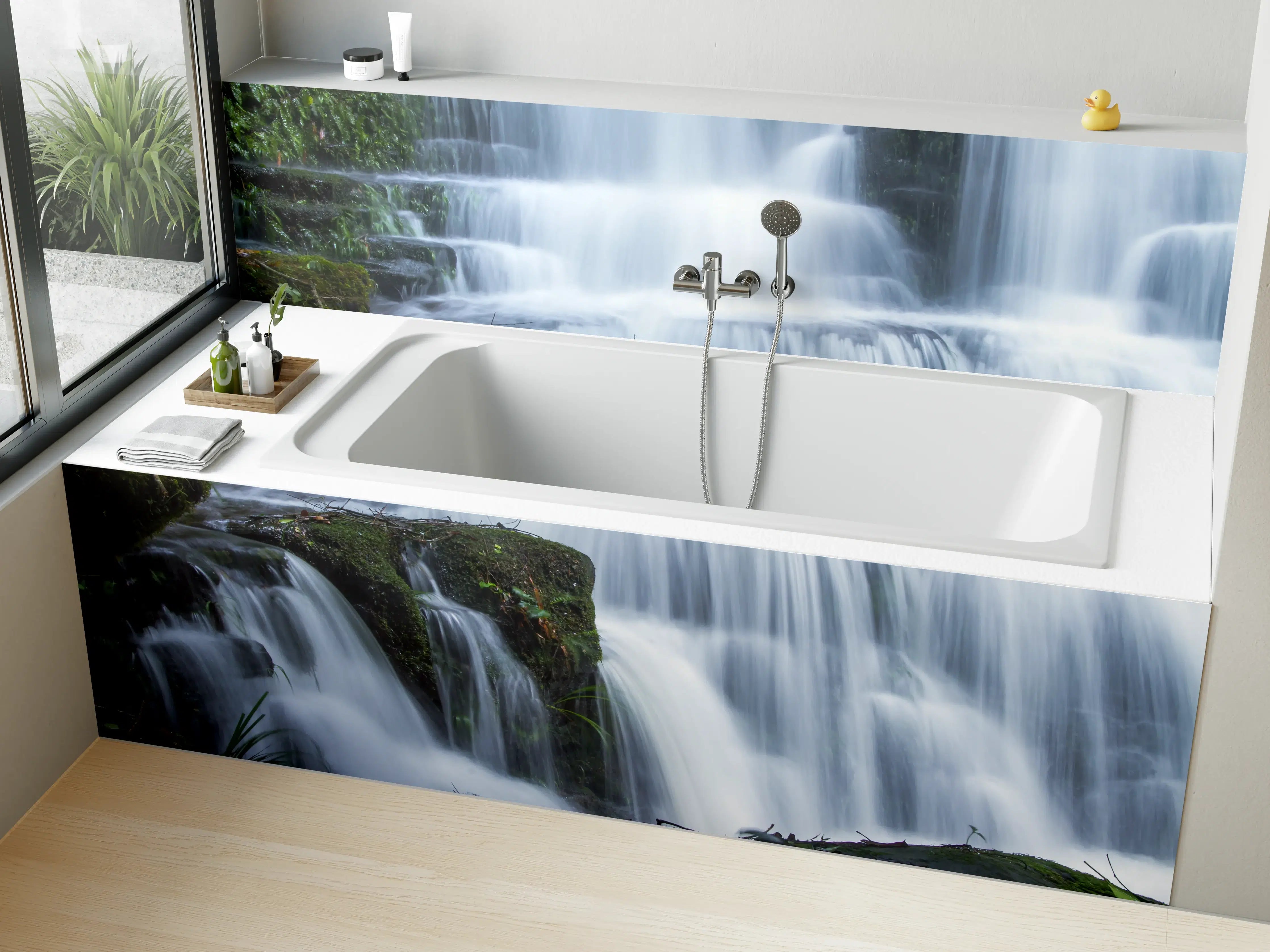 Badewannen-Rückwand - Wasserfall im Wald mit Felsen