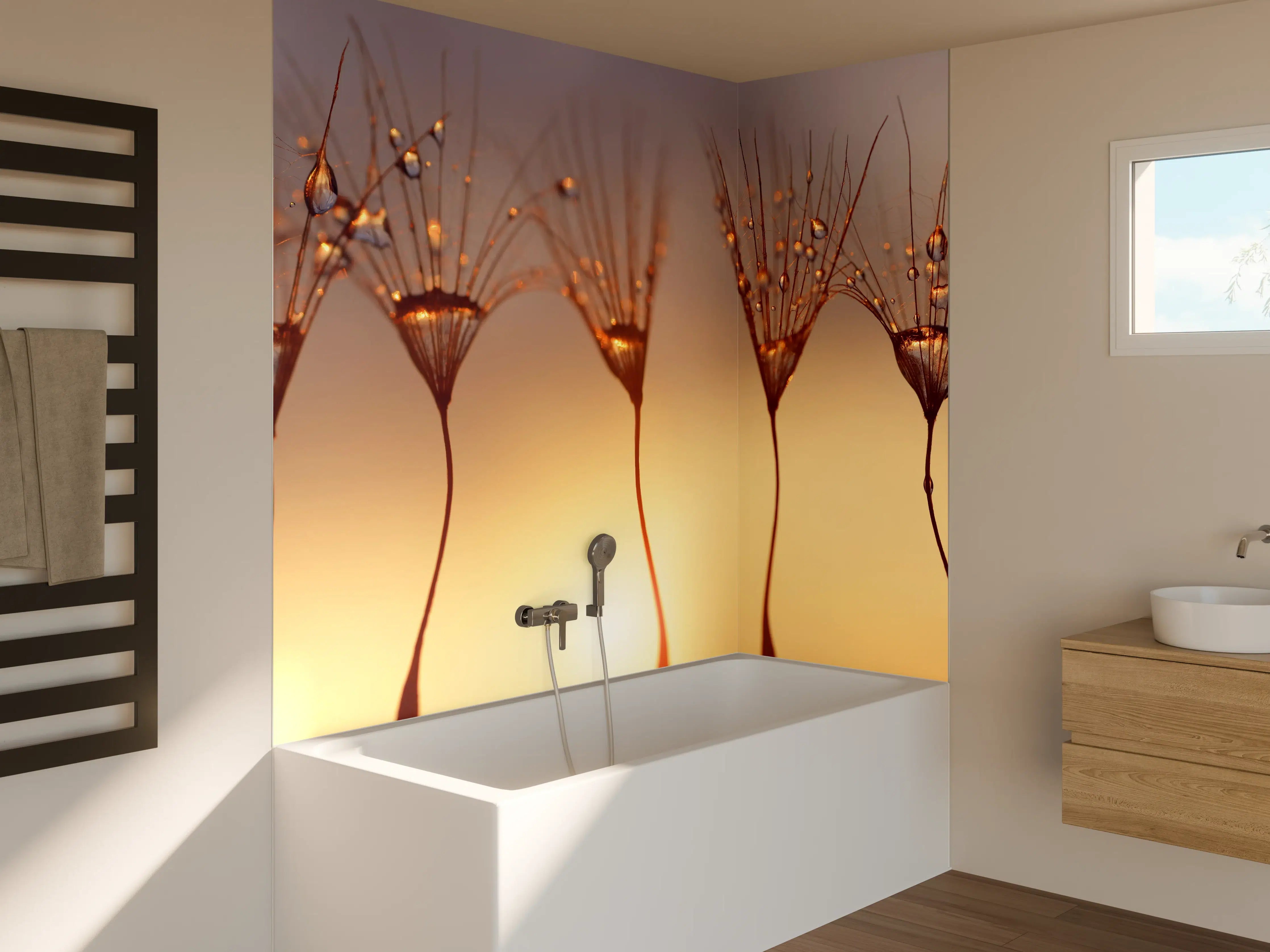 Badewannen-Rückwand - Wassertropfen auf Löwenzahnsamen