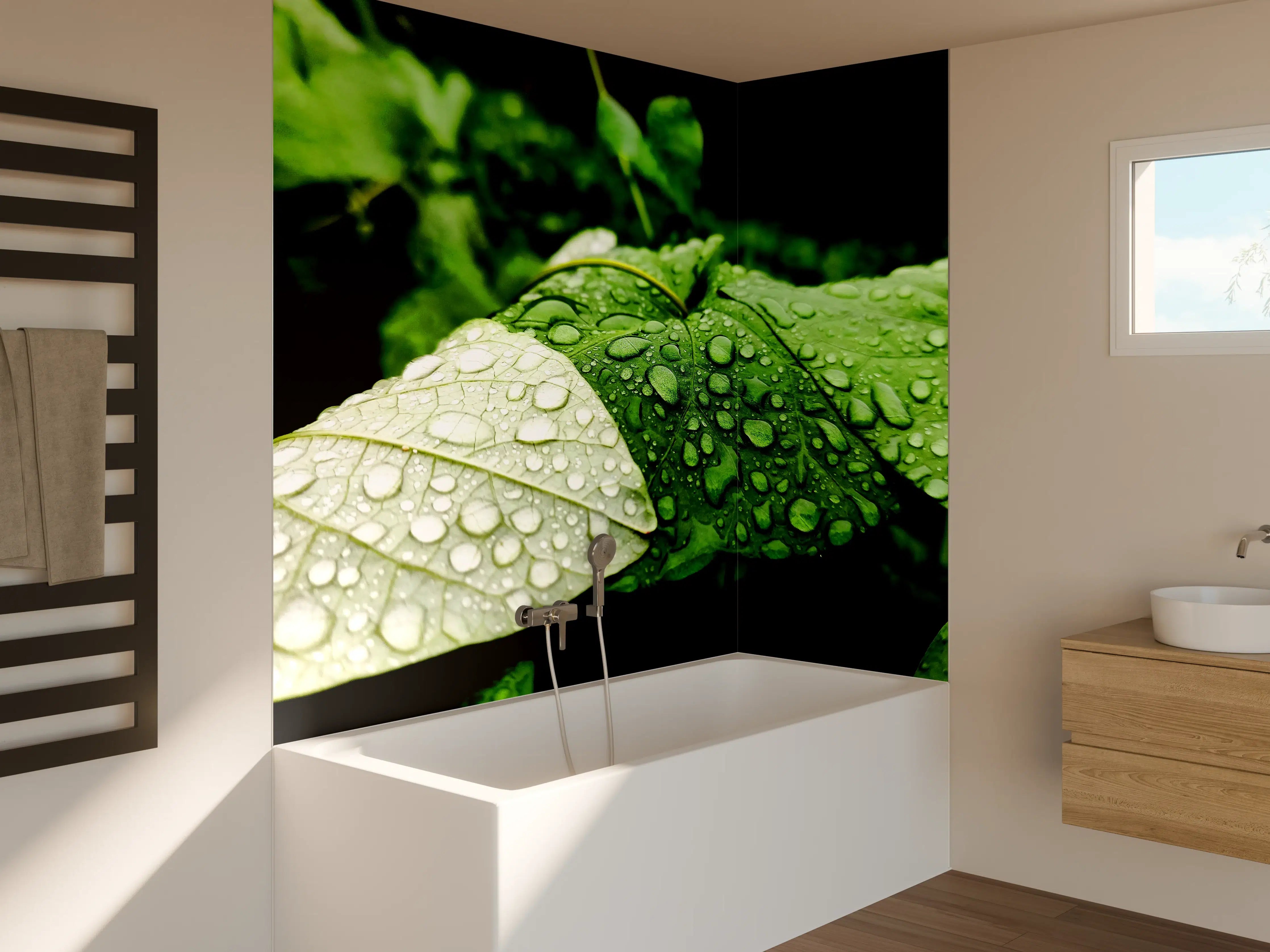 Badewannen-Rückwand - Wassertropfen auf einem Blatt