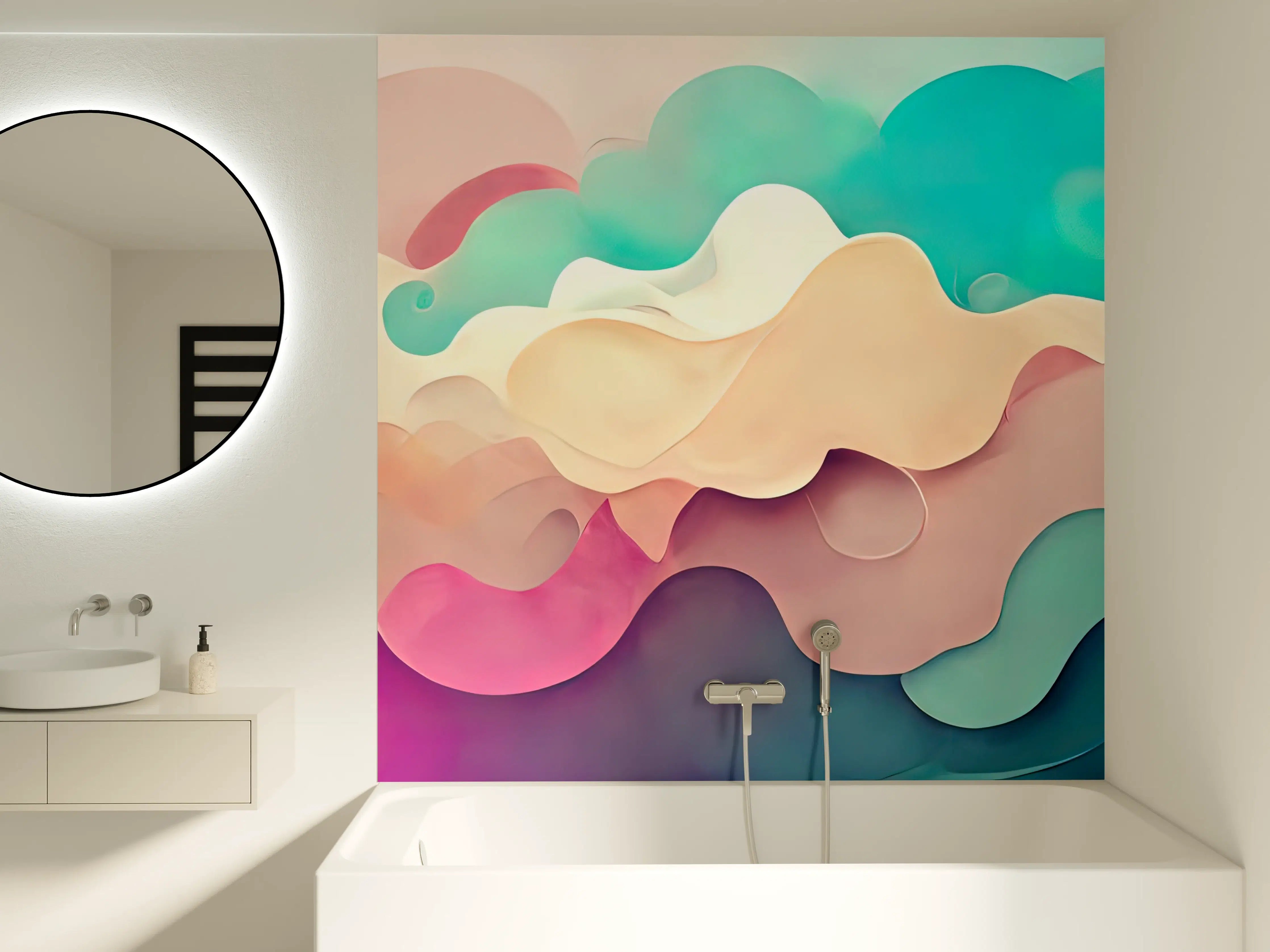 Badewannen-Rückwand - Weiche Pastellwolken in Blau, Rosa und Creme