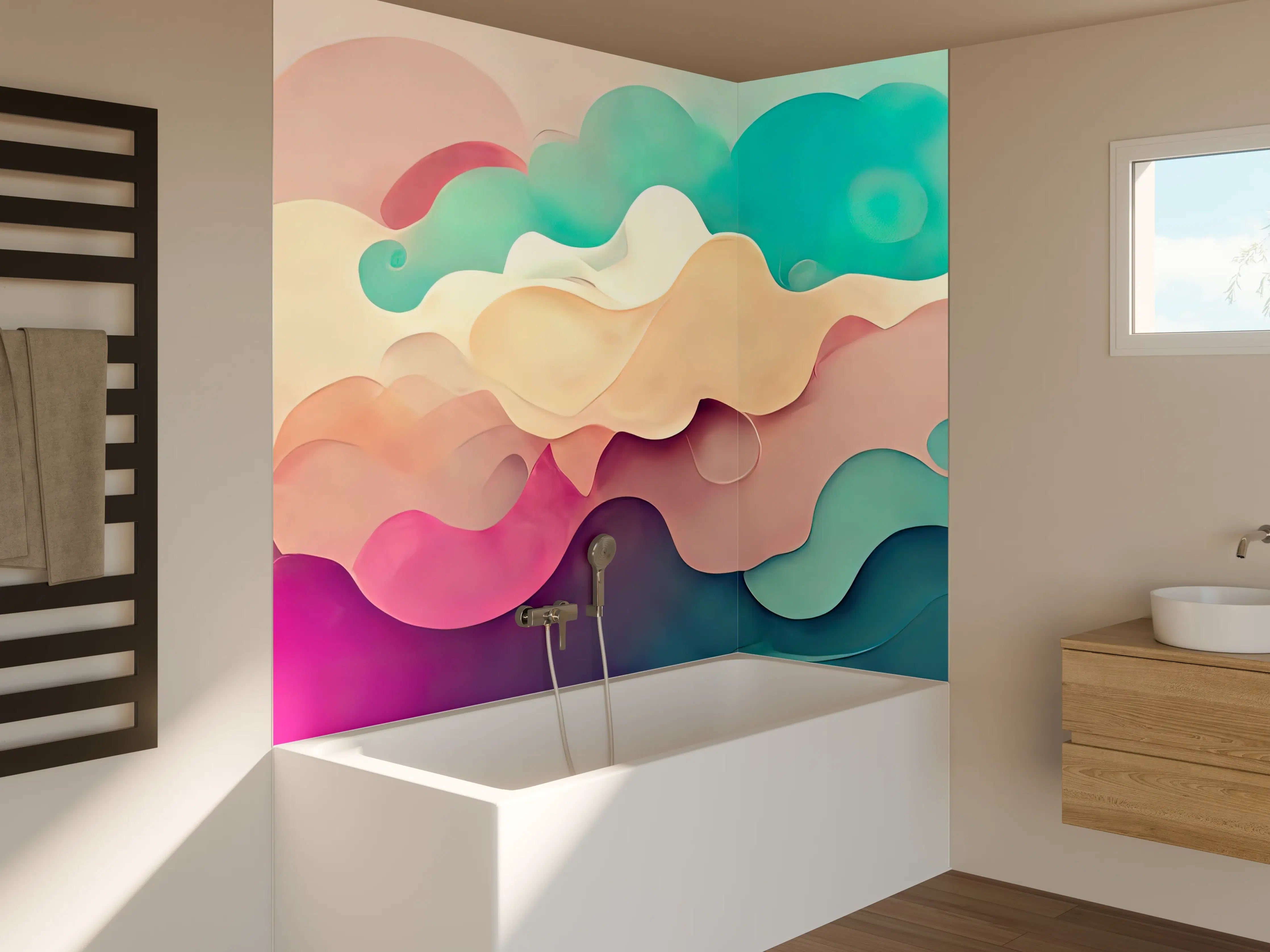 Badewannen-Rückwand - Weiche Pastellwolken in Blau, Rosa und Creme