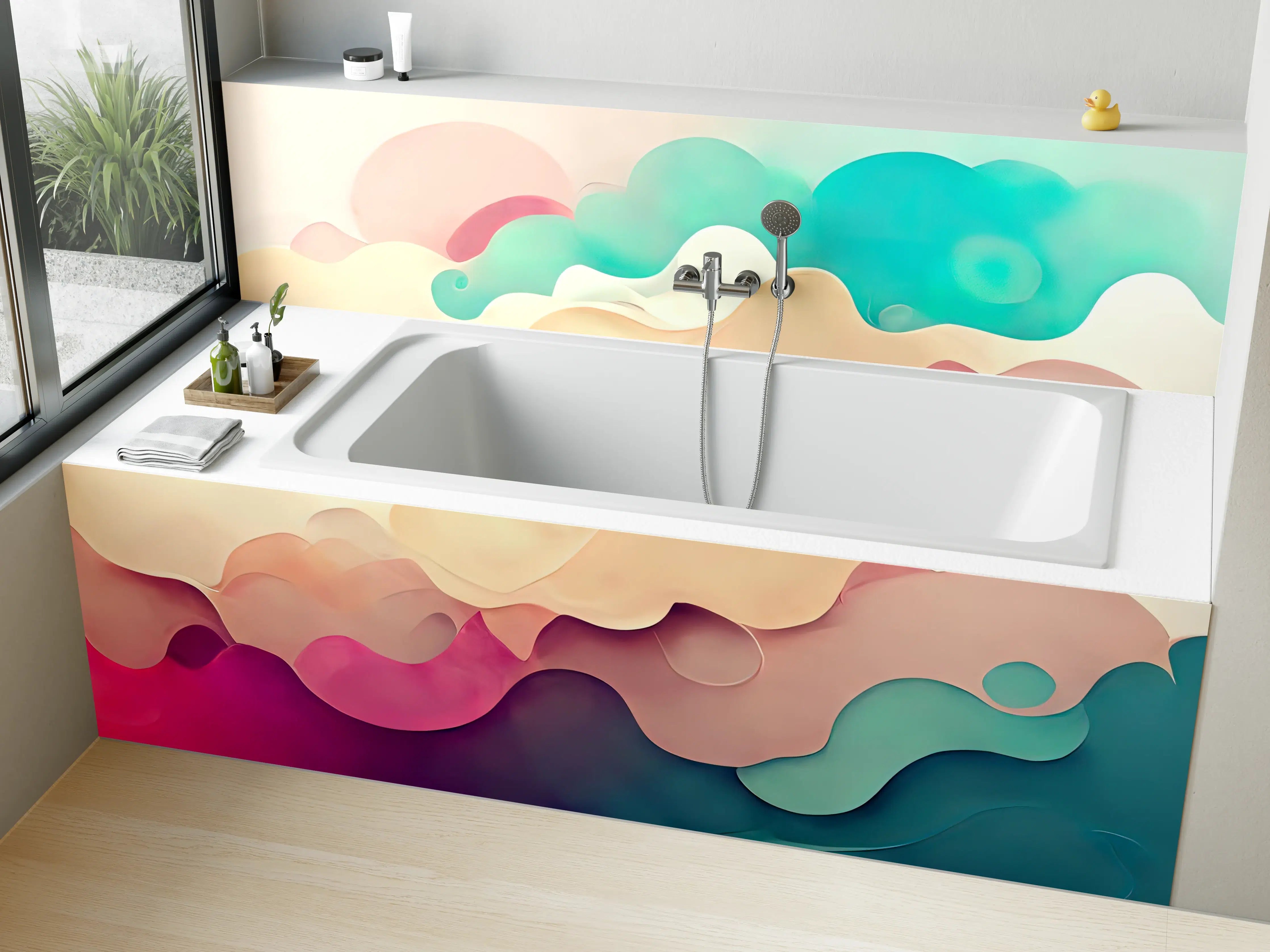 Badewannen-Rückwand - Weiche Pastellwolken in Blau, Rosa und Creme