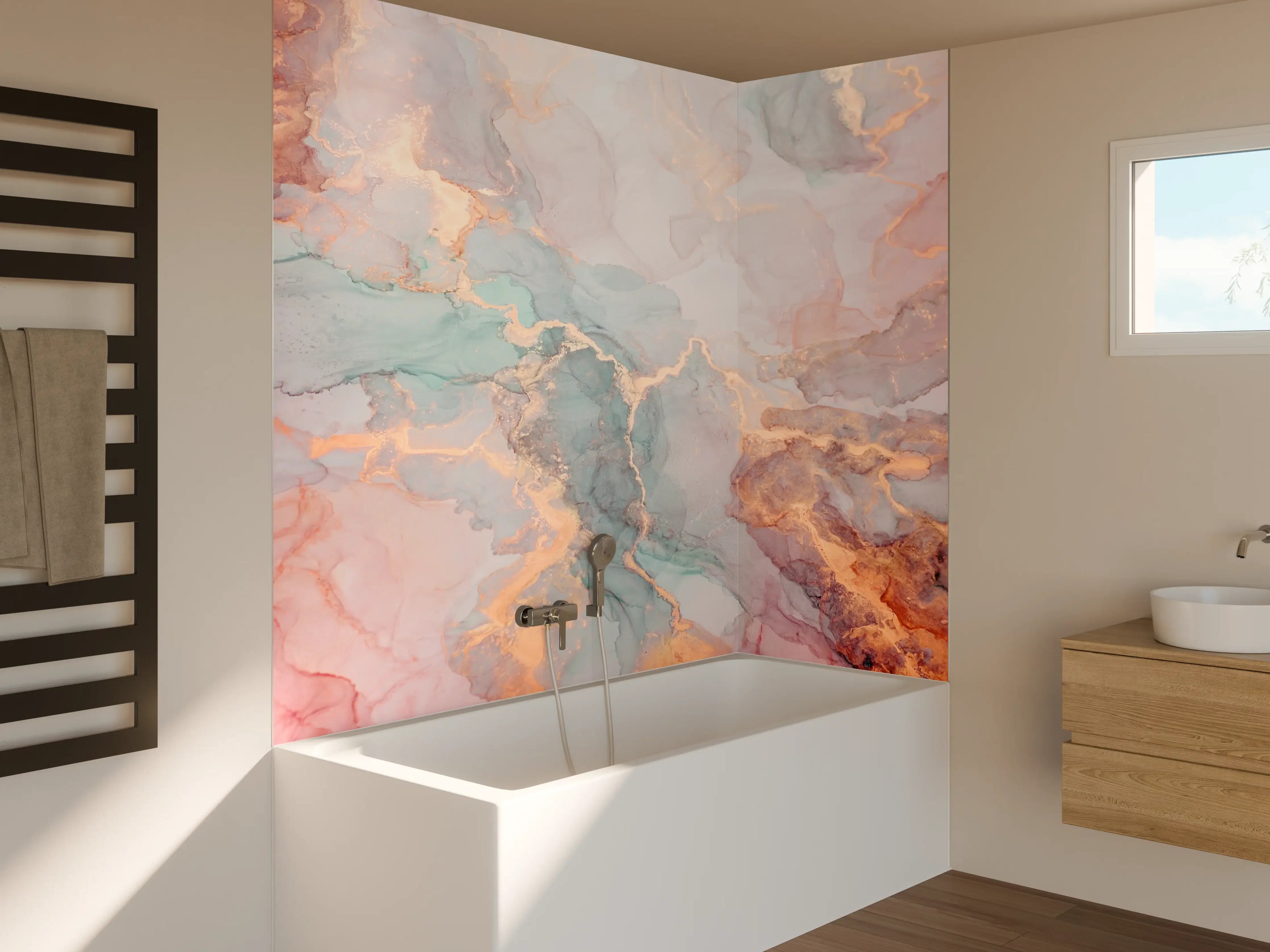 Badewannen-Rückwand - Weiche Wasserfarben in Pastelltönen mit Goldakzenten
