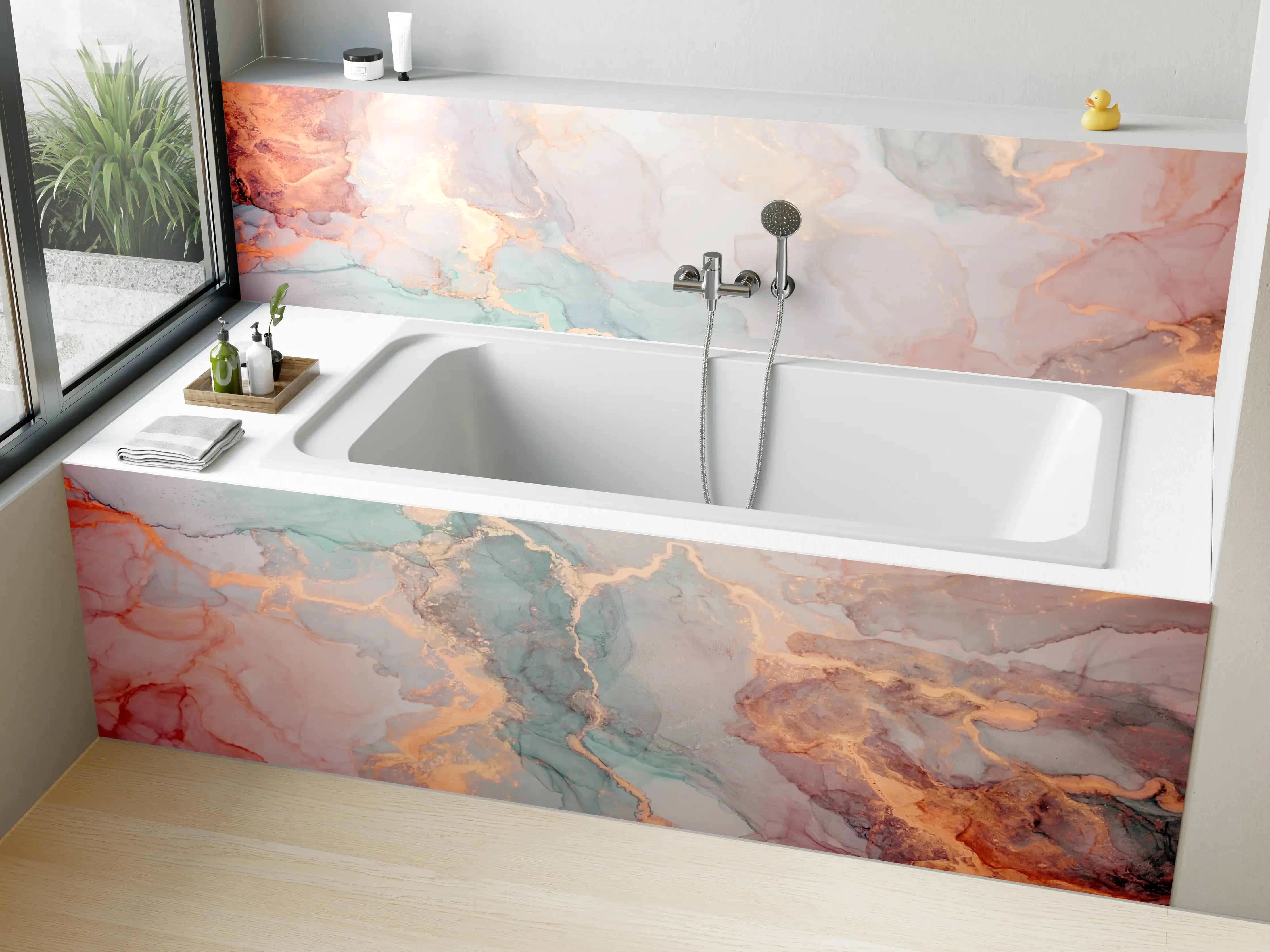 Badewannen-Rückwand - Weiche Wasserfarben in Pastelltönen mit Goldakzenten