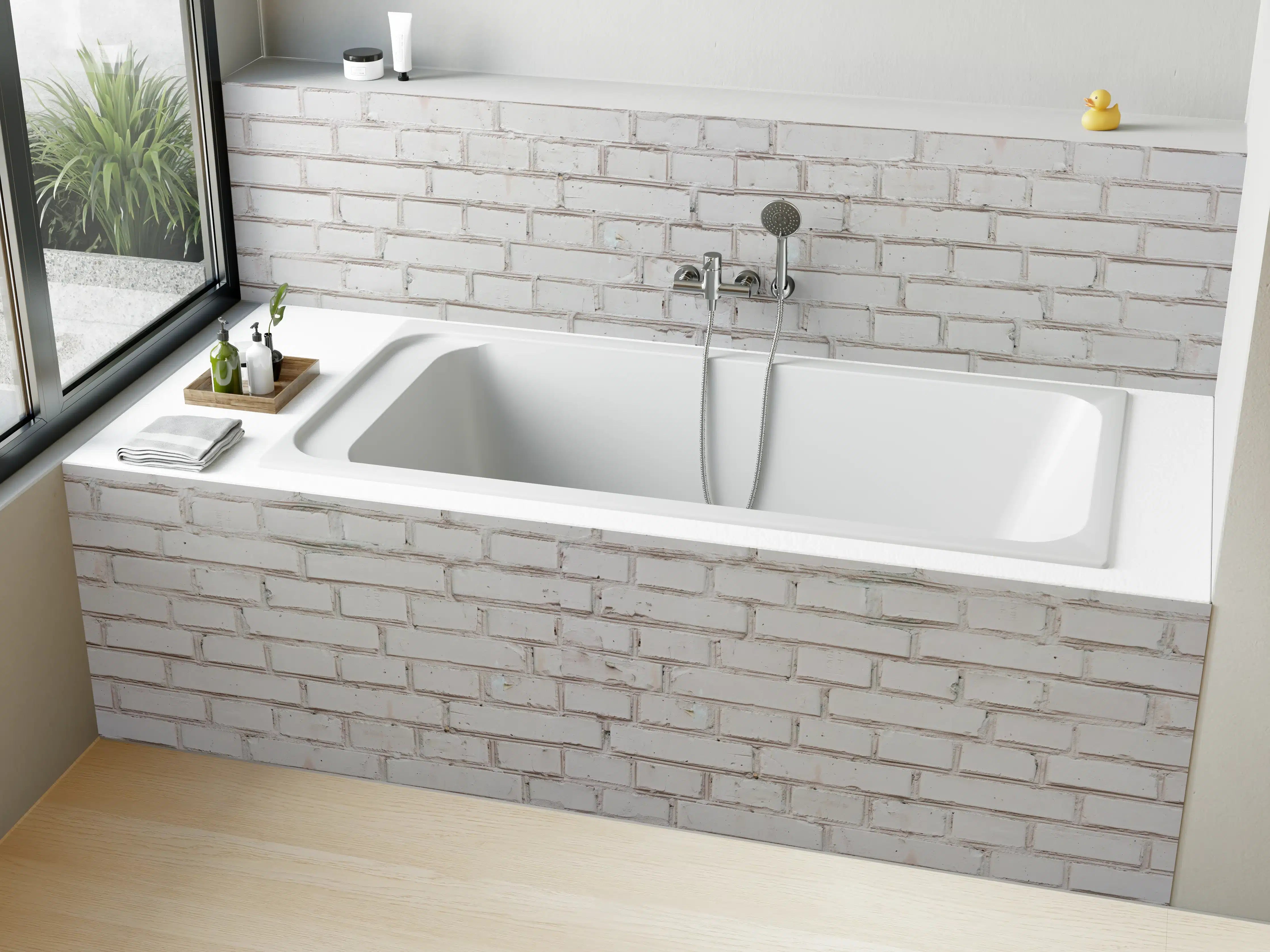 Badewannen-Rückwand - Weiß-Beige Ziegelsteinmauer