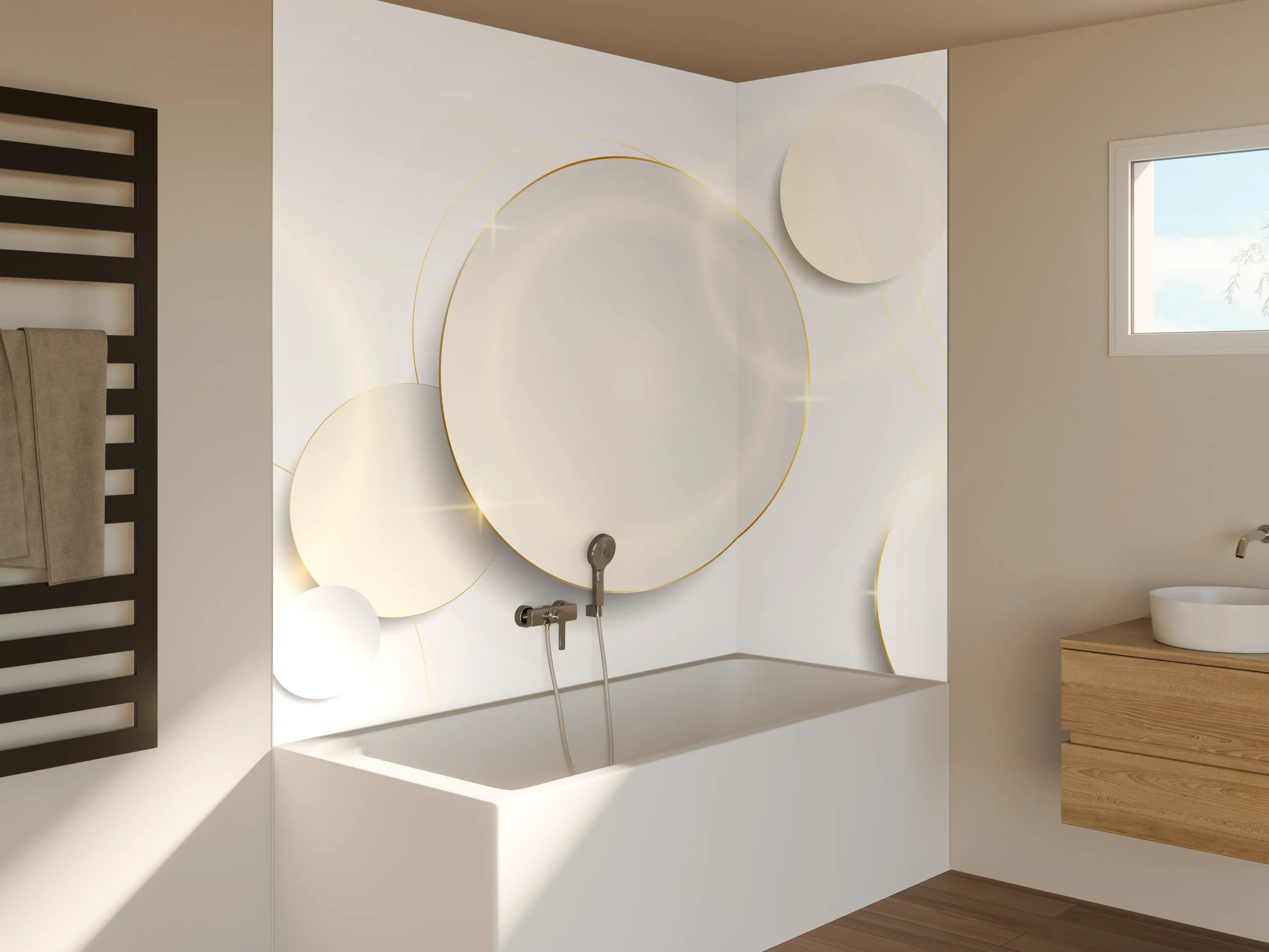Badewannen-Rückwand - Weiß-Goldene Abstrakte Formen