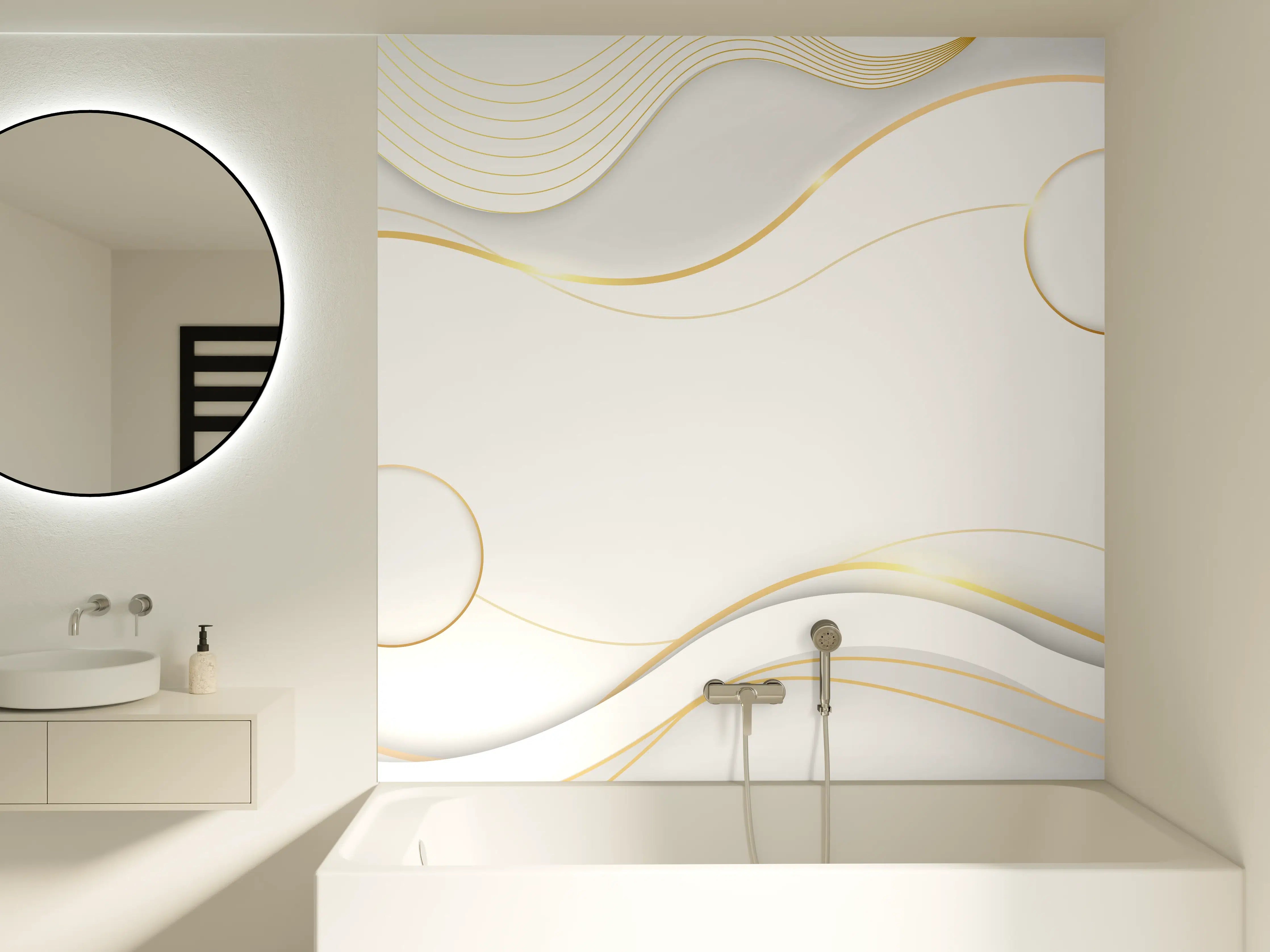Badewannen-Rückwand - Weiß-Goldene Wellen Grafik