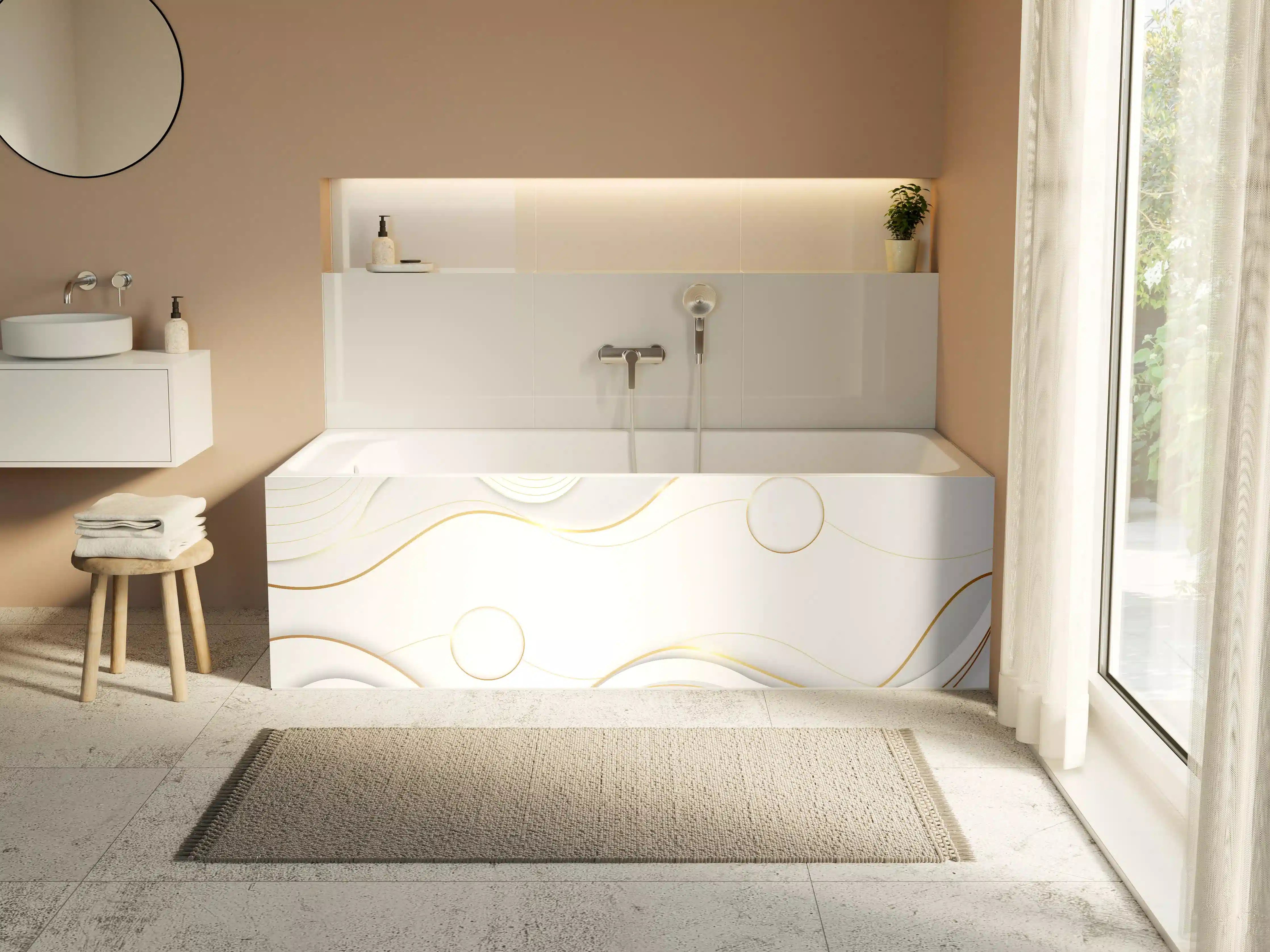 Badewannen-Rückwand - Weiß-Goldene Wellen Grafik