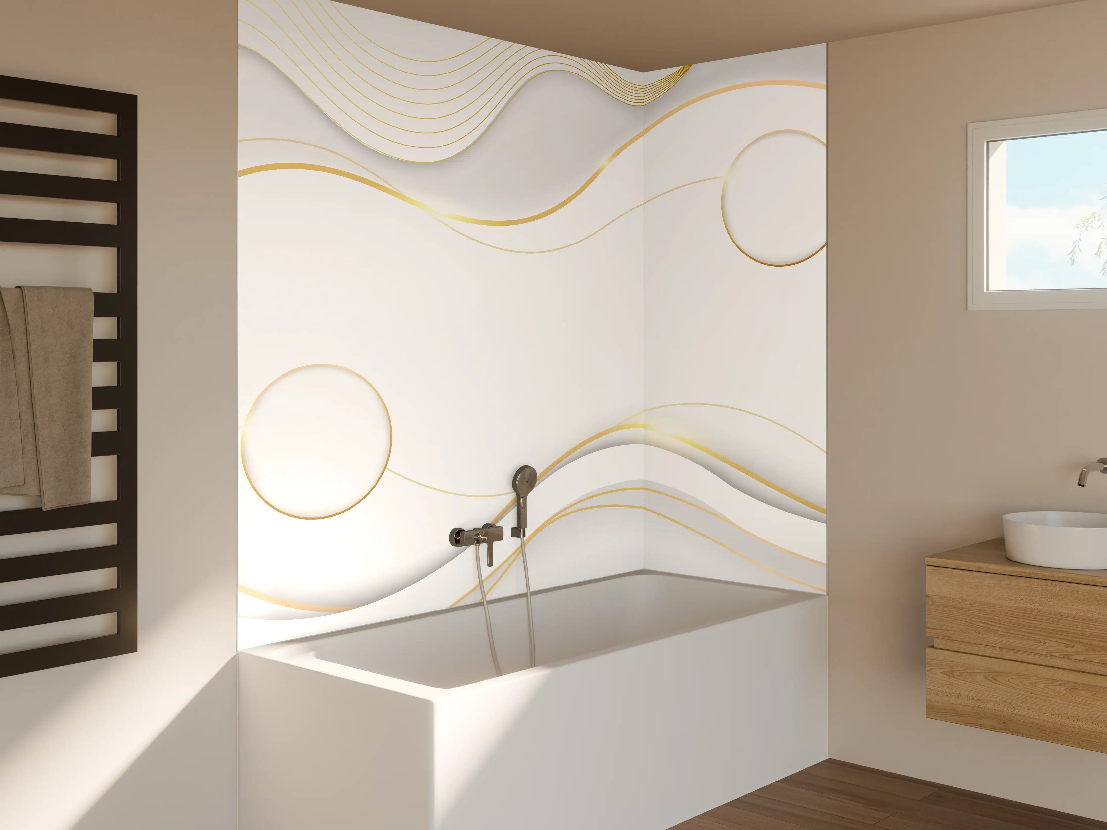 Badewannen-Rückwand - Weiß-Goldene Wellen Grafik