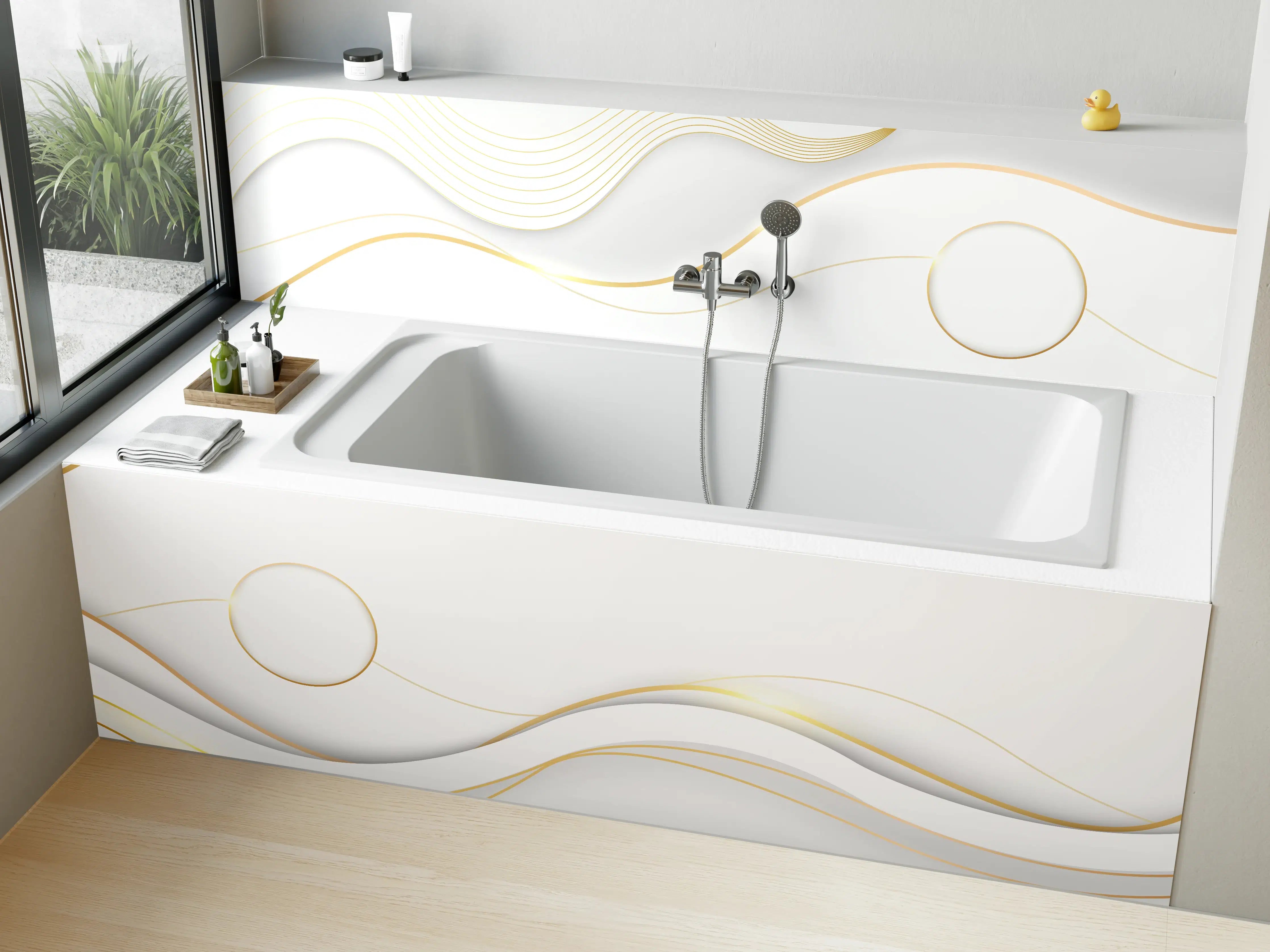 Badewannen-Rückwand - Weiß-Goldene Wellen Grafik
