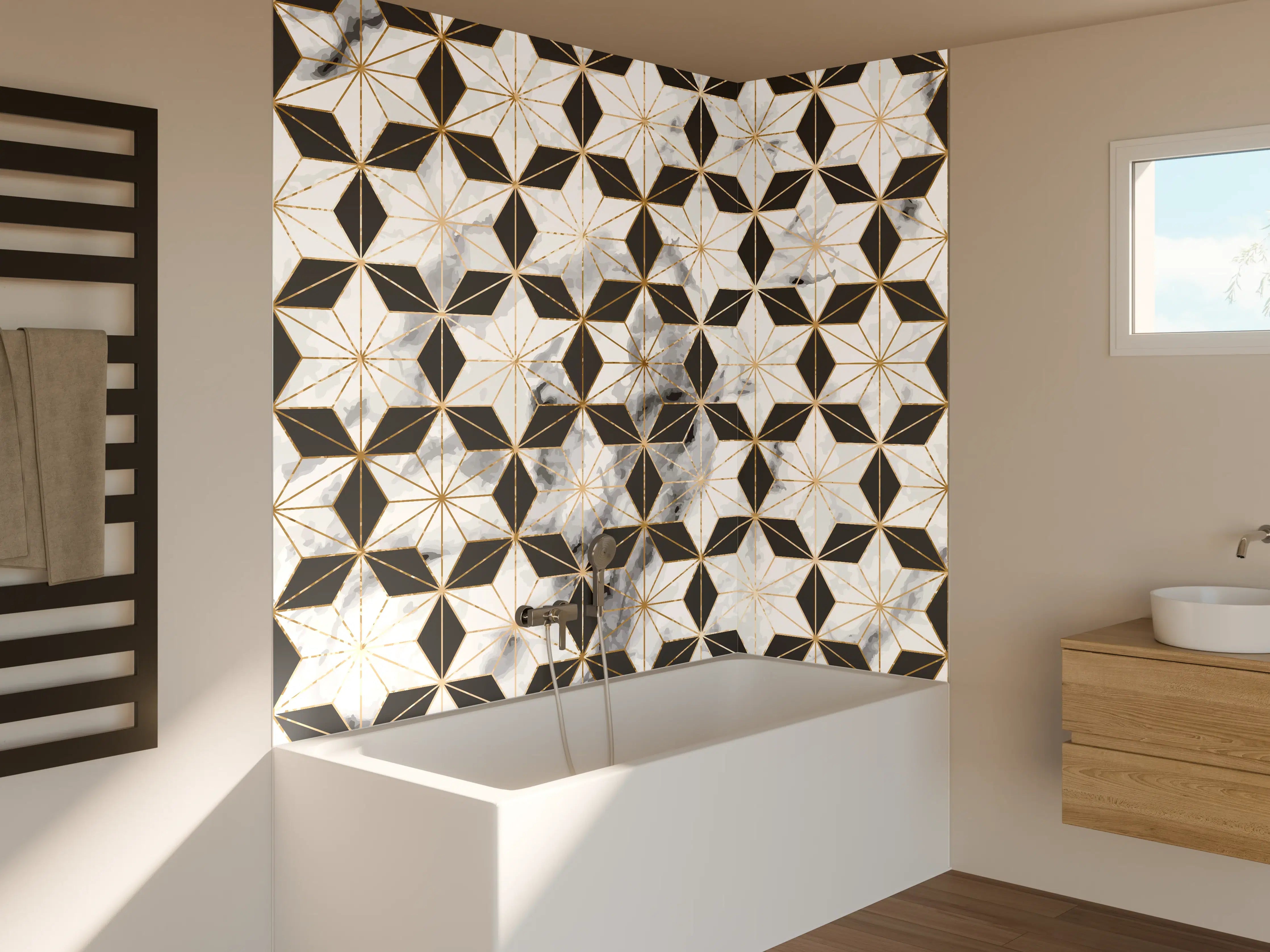 Badewannen-Rückwand - Weiß-Goldenes Musterdesign