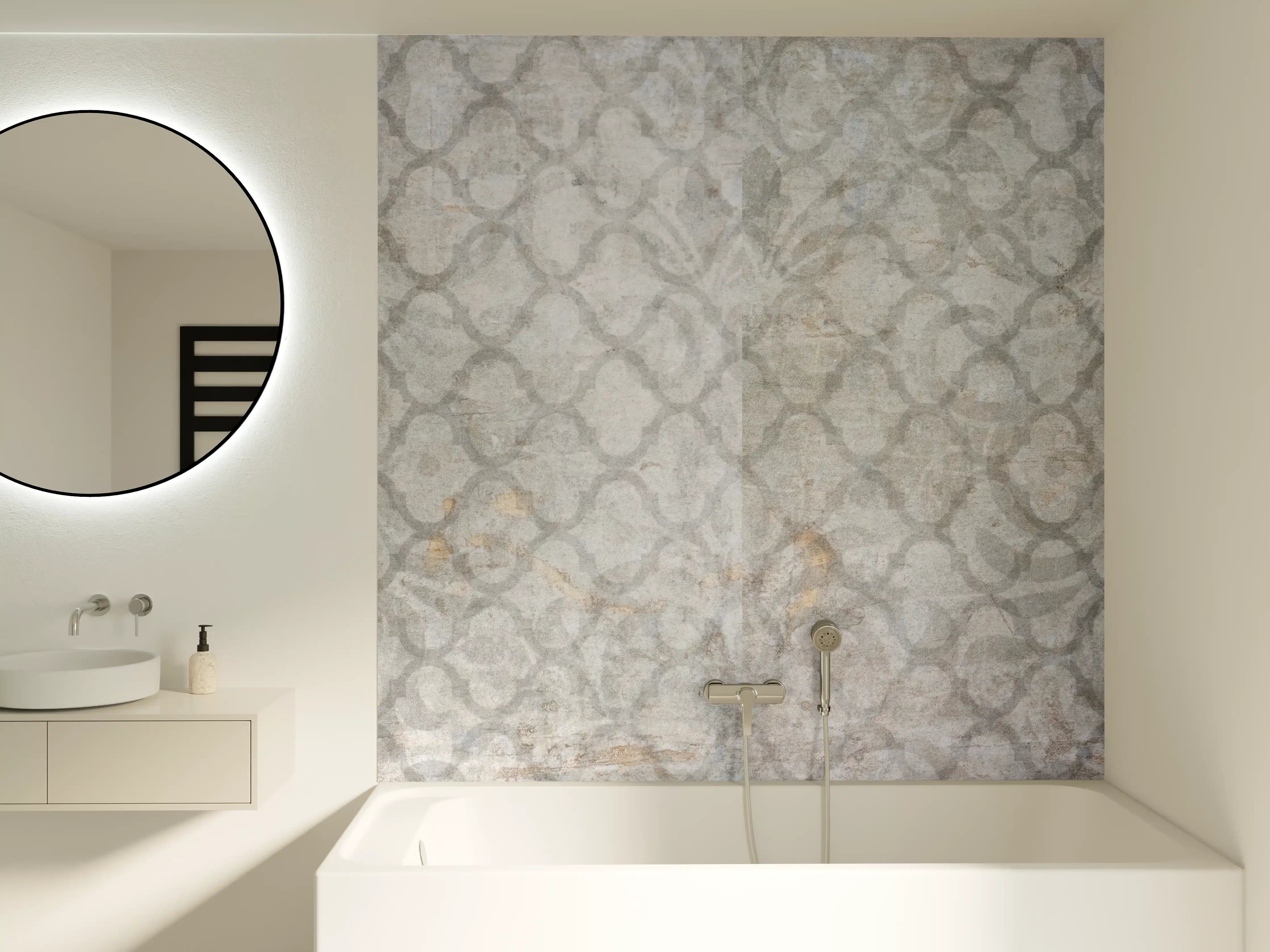 Badewannen-Rückwand - Weiß-Grau Vintage Damask-Tapete