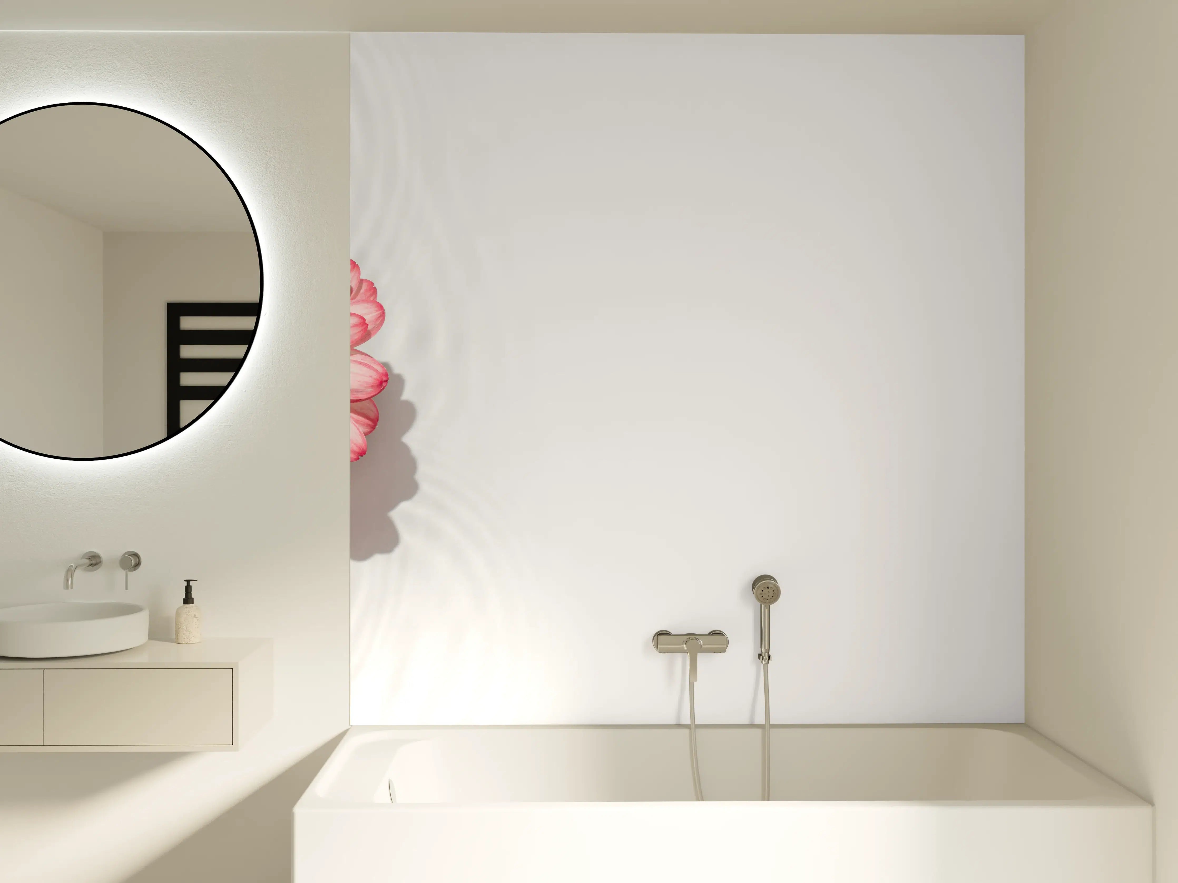 Badewannen-Rückwand - Weiß-Grau mit Rosa Gerbera